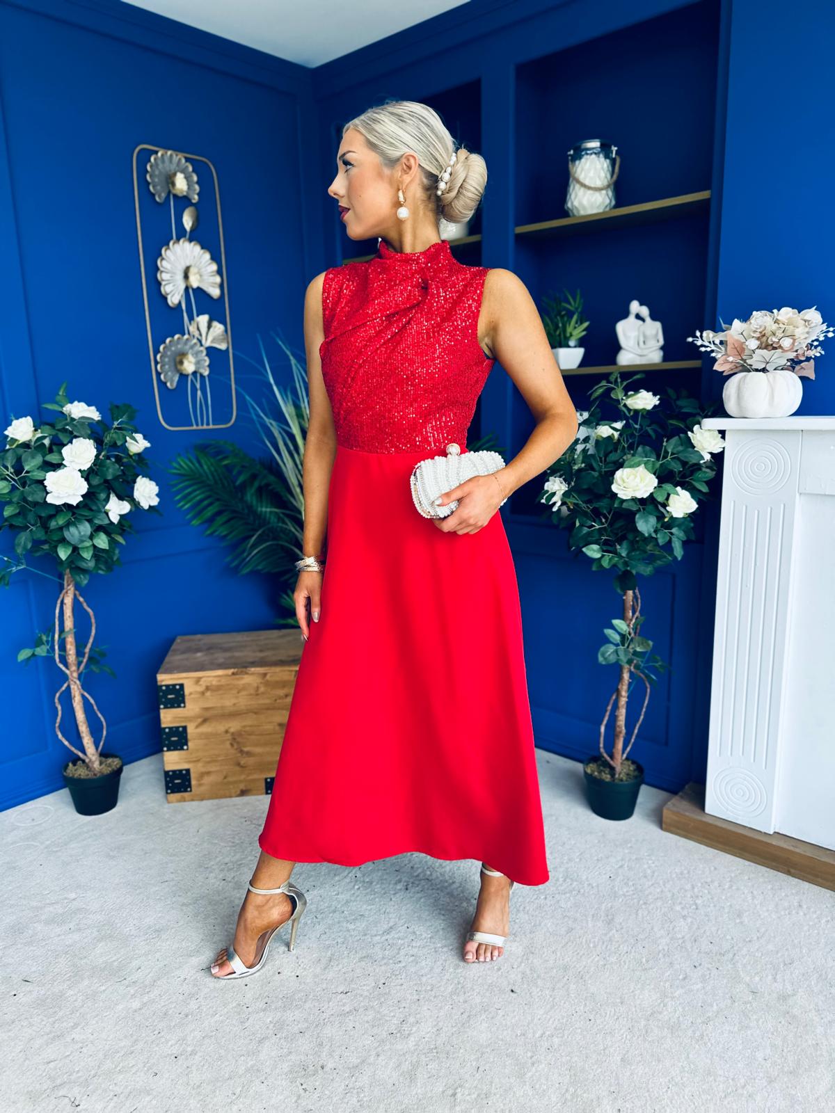 Annabel Sequin Occasion Midi Dress Red