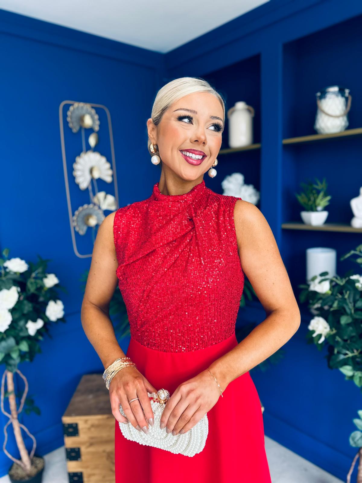 Annabel Sequin Occasion Midi Dress Red