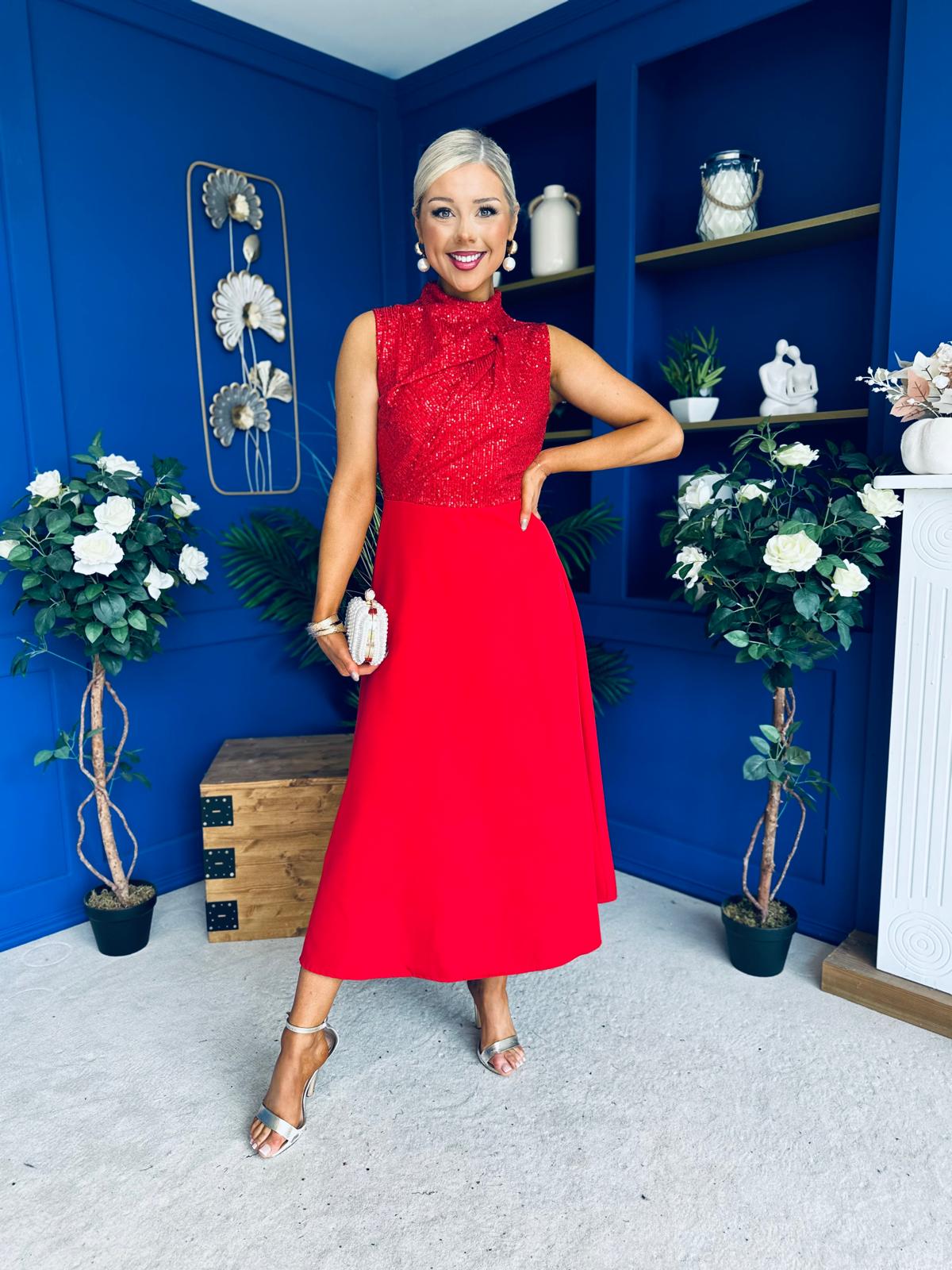 Annabel Sequin Occasion Midi Dress Red