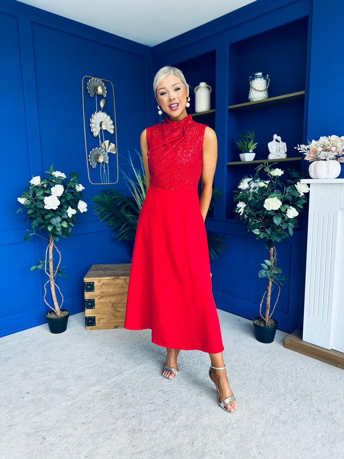 Annabel Sequin Occasion Midi Dress Red