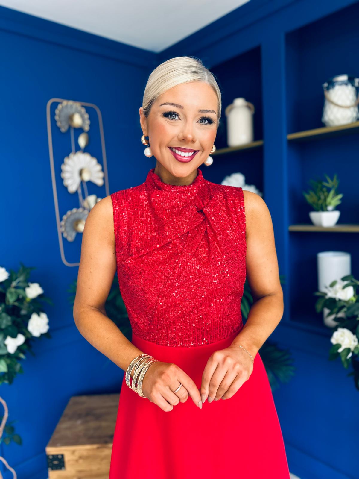 Annabel Sequin Occasion Midi Dress Red