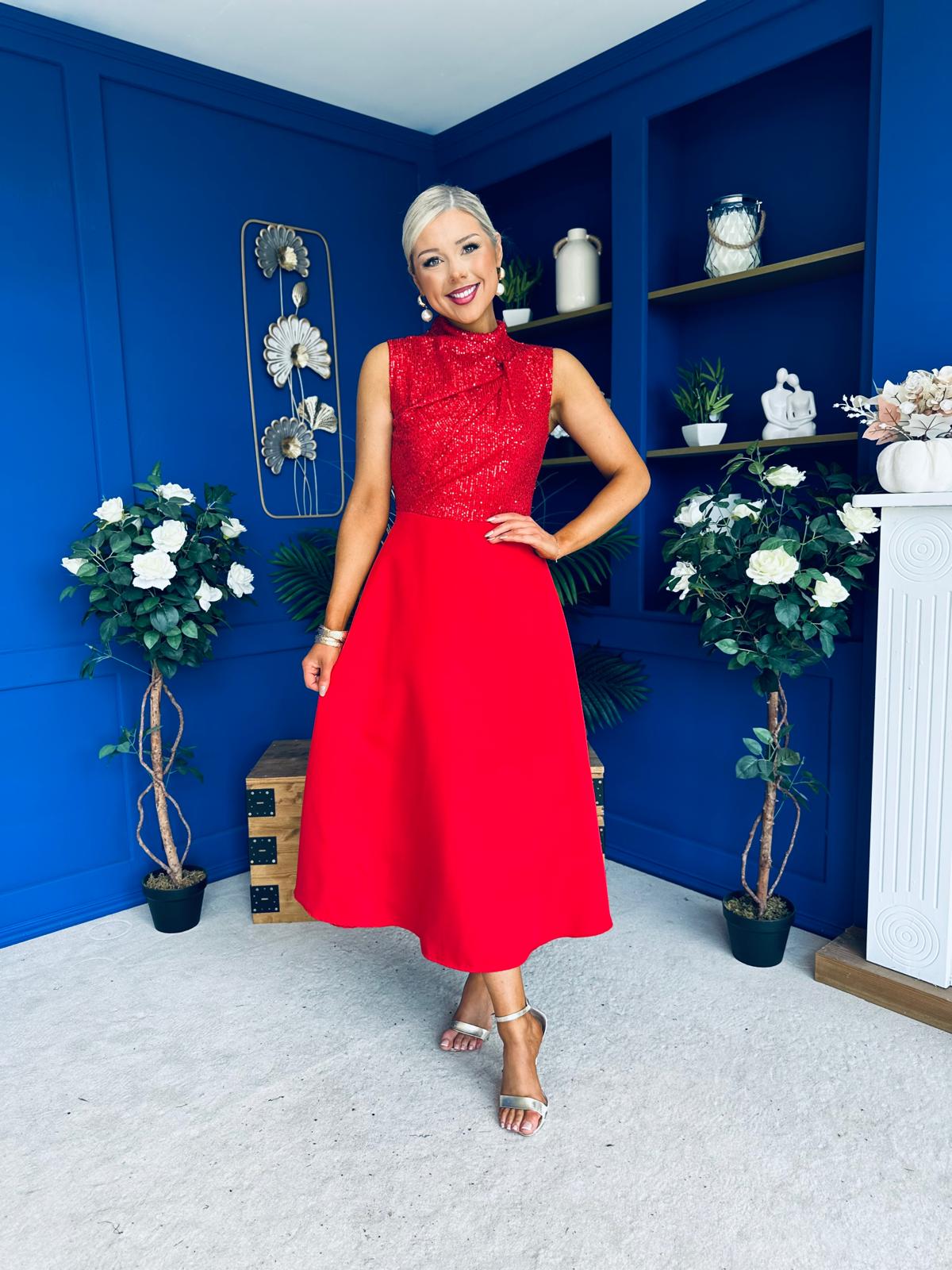 Annabel Sequin Occasion Midi Dress Red