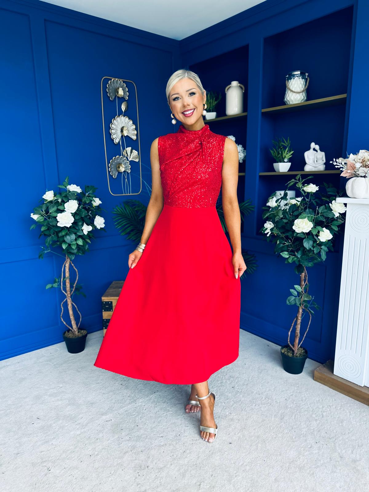 Annabel Sequin Occasion Midi Dress Red