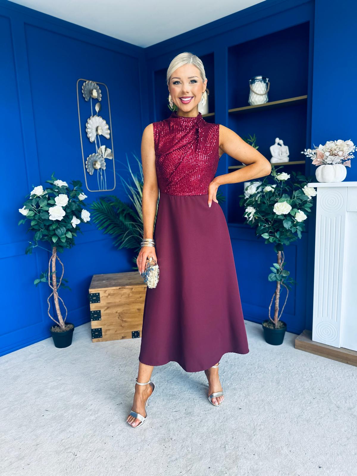 Annabel Sequin Occasion Midi Dress Wine