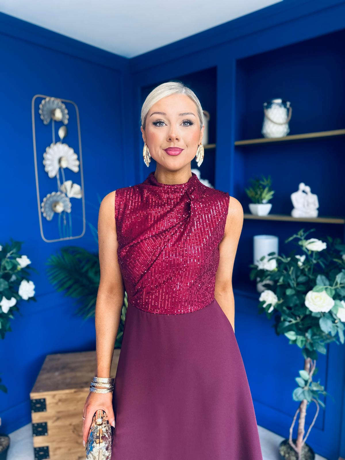 Annabel Sequin Occasion Midi Dress Wine