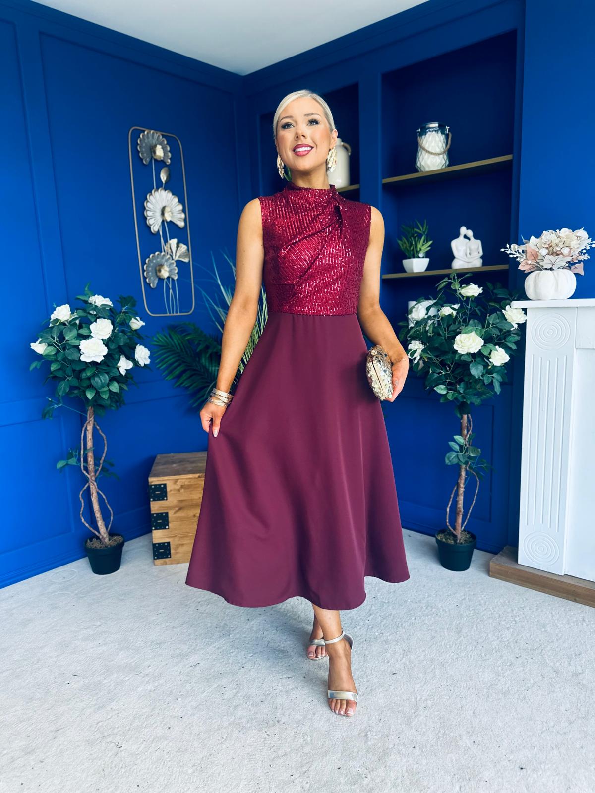 Annabel Sequin Occasion Midi Dress Wine