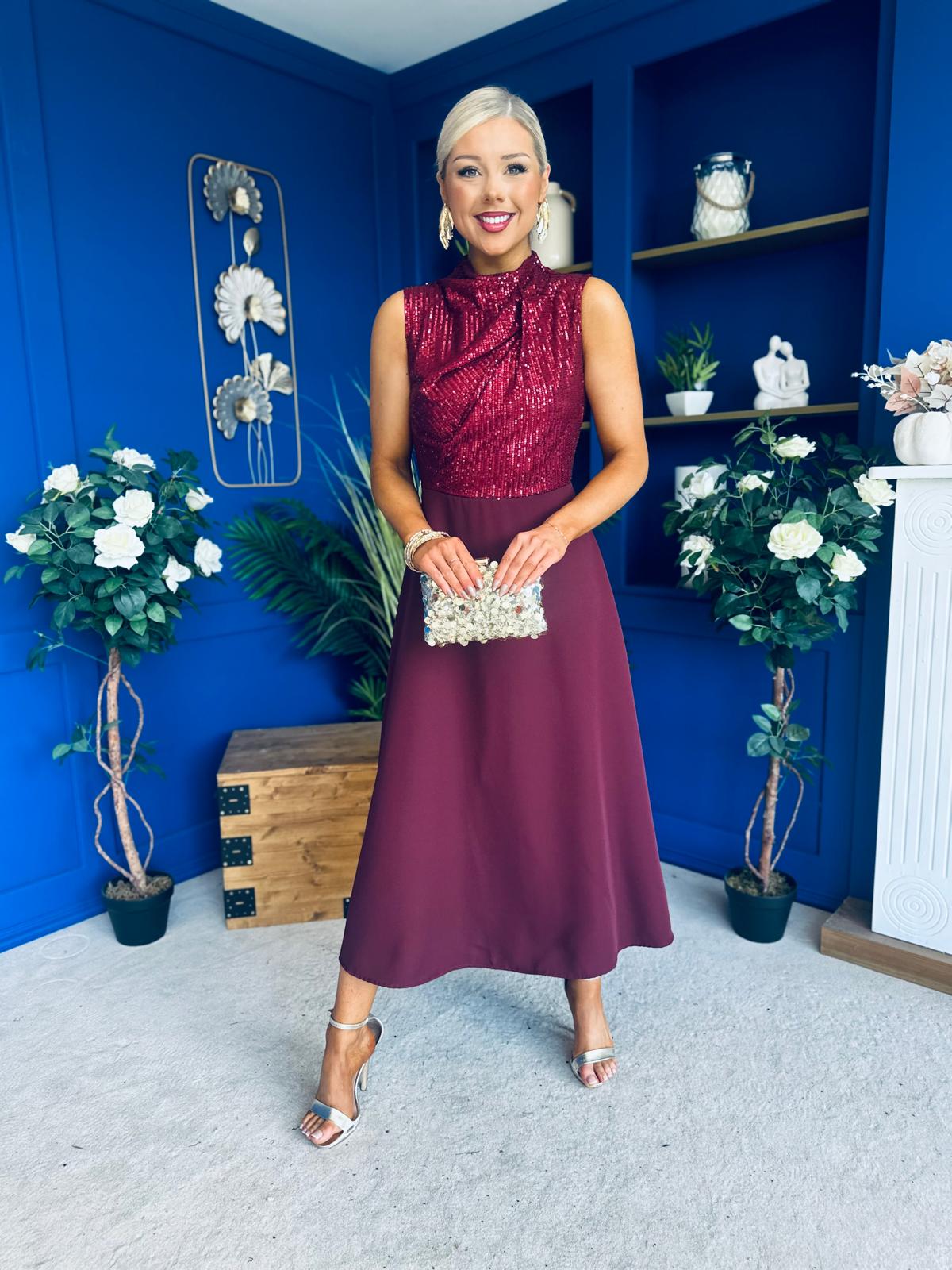 Annabel Sequin Occasion Midi Dress Wine