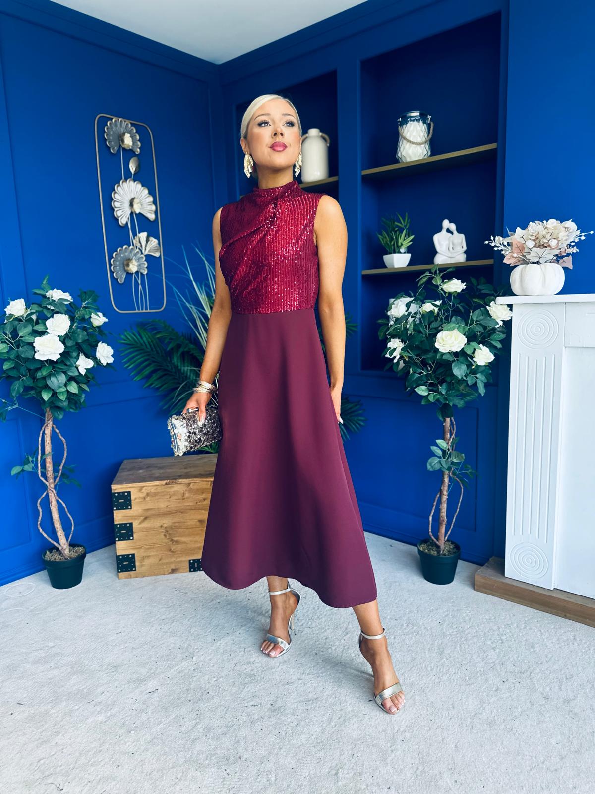 Annabel Sequin Occasion Midi Dress Wine