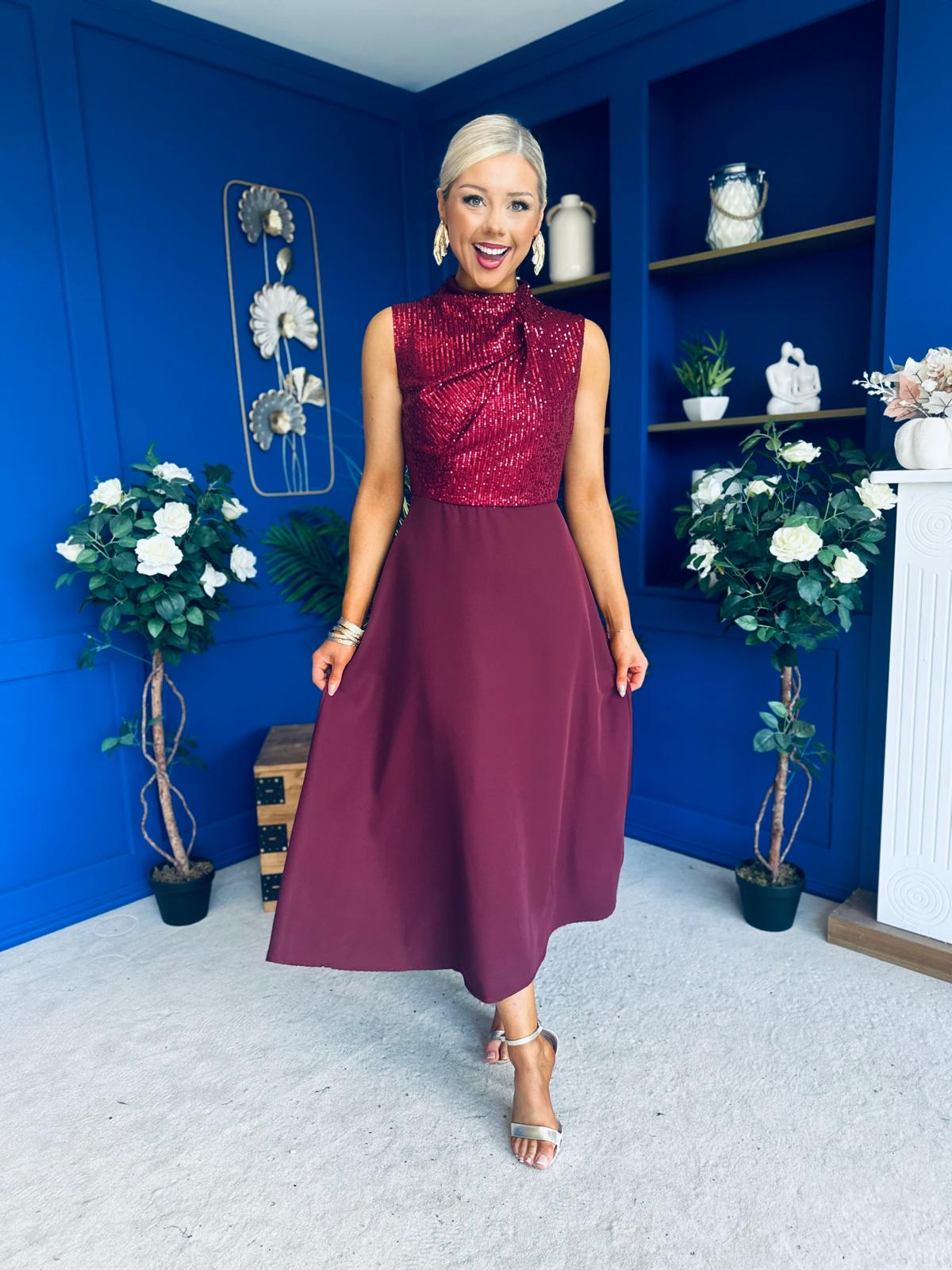 Annabel Sequin Occasion Midi Dress Wine