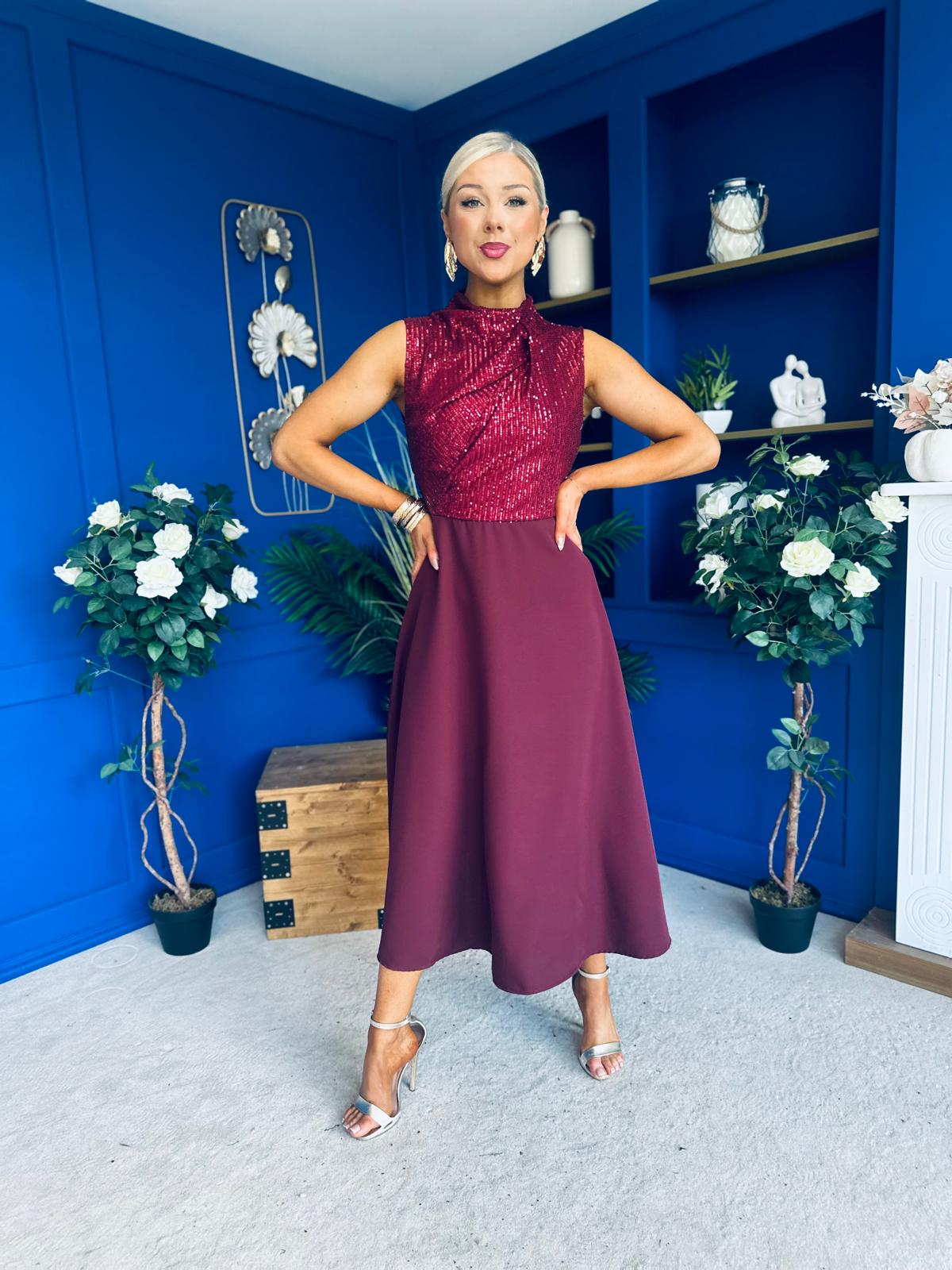 Annabel Sequin Occasion Midi Dress Wine