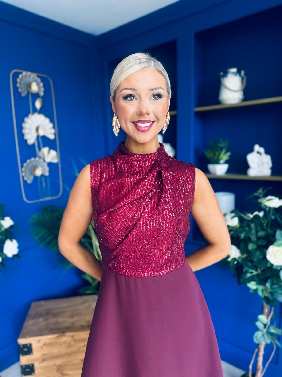 Annabel Sequin Occasion Midi Dress Wine