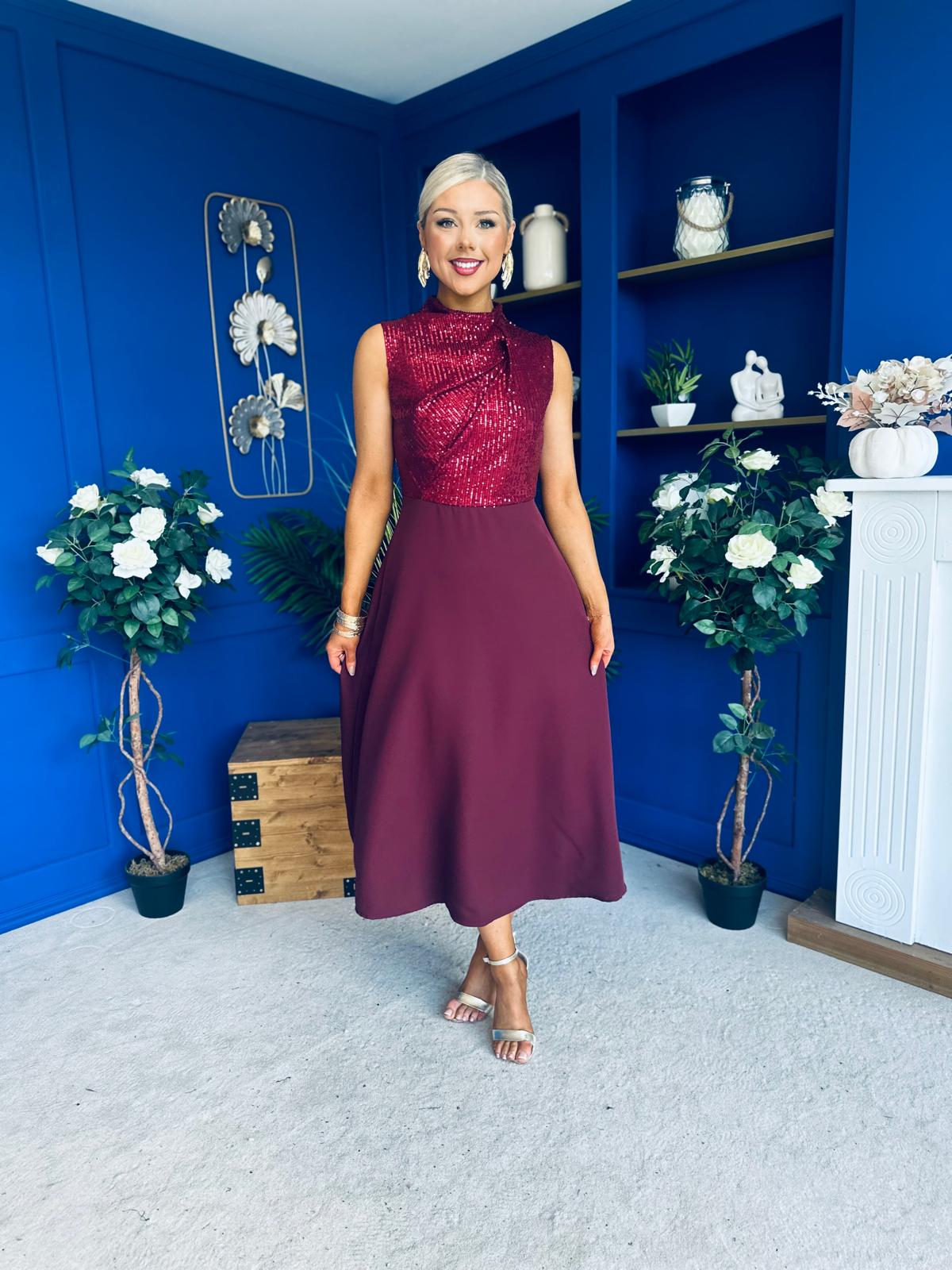 Annabel Sequin Occasion Midi Dress Wine