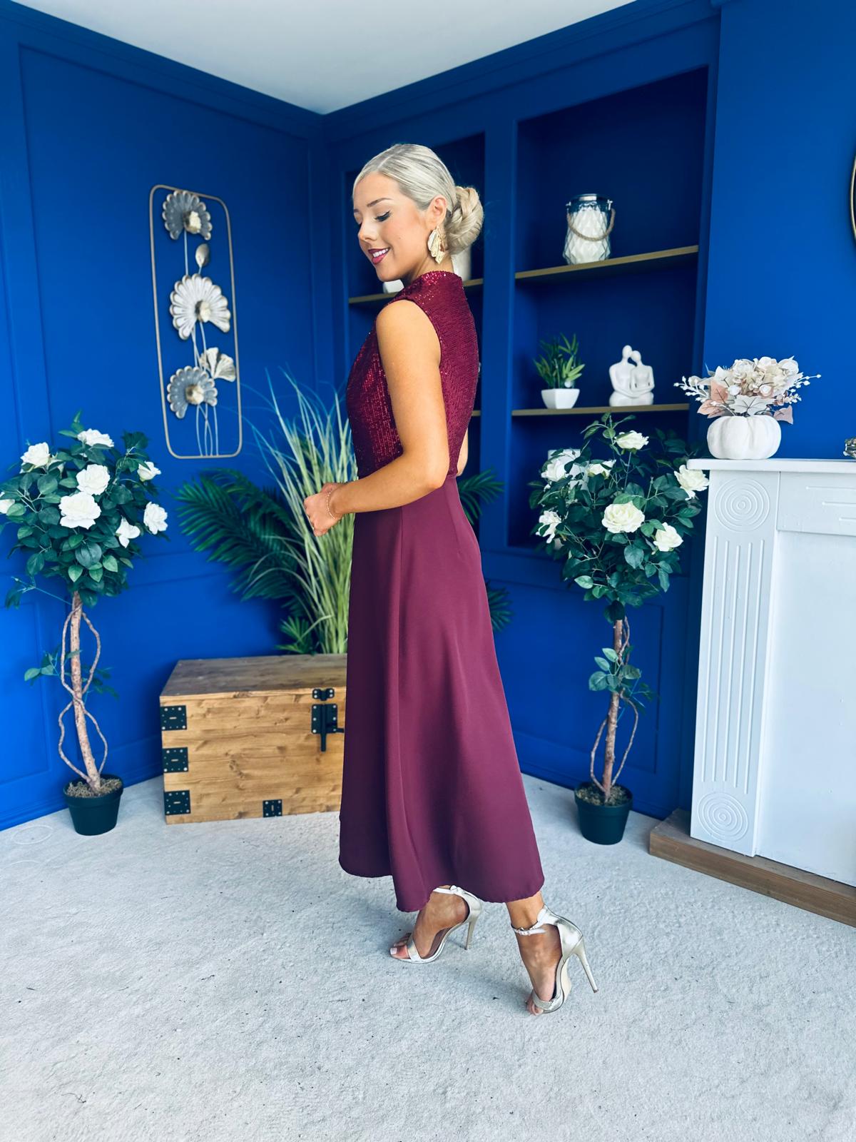 Annabel Sequin Occasion Midi Dress Wine