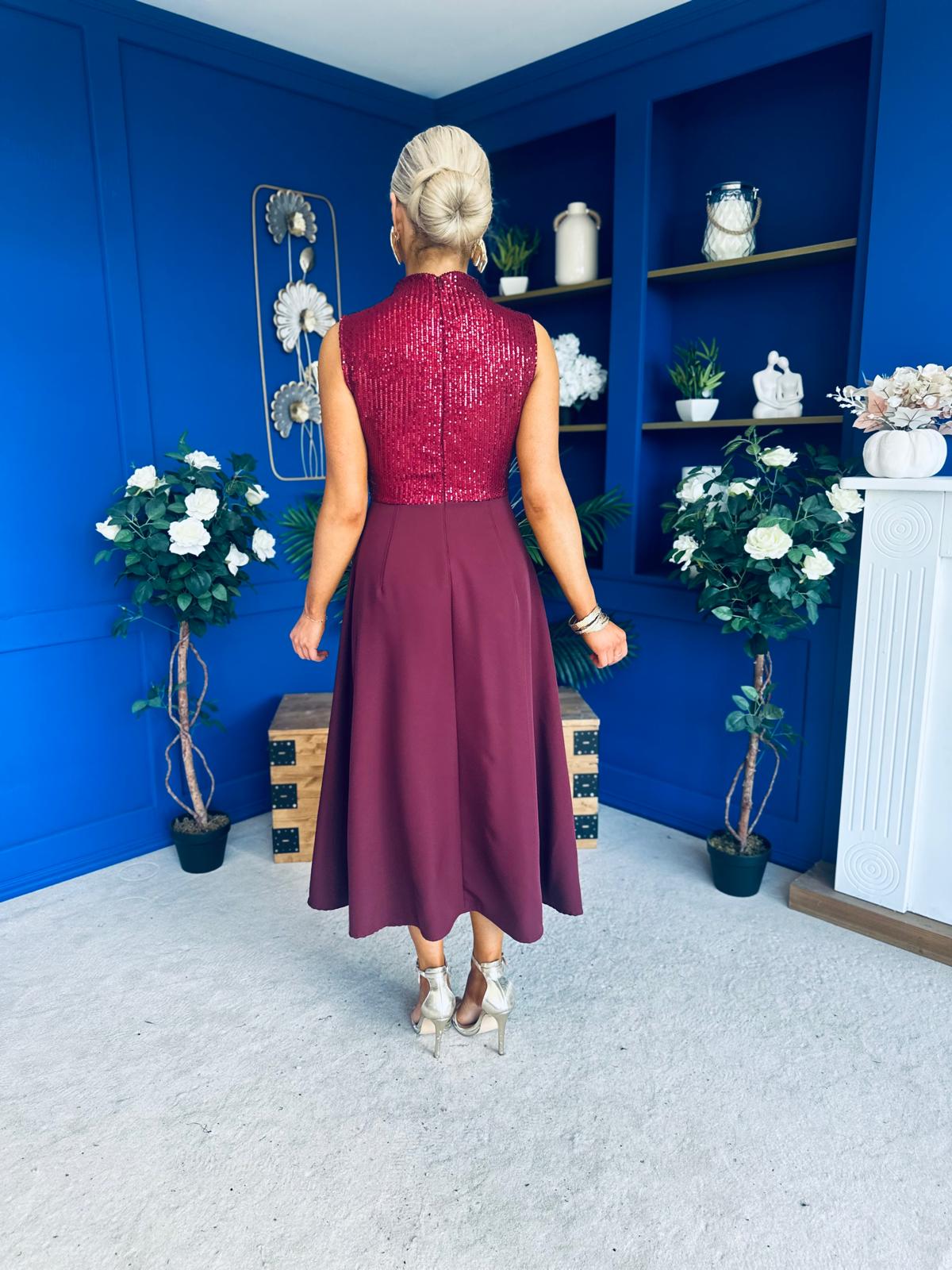 Annabel Sequin Occasion Midi Dress Wine