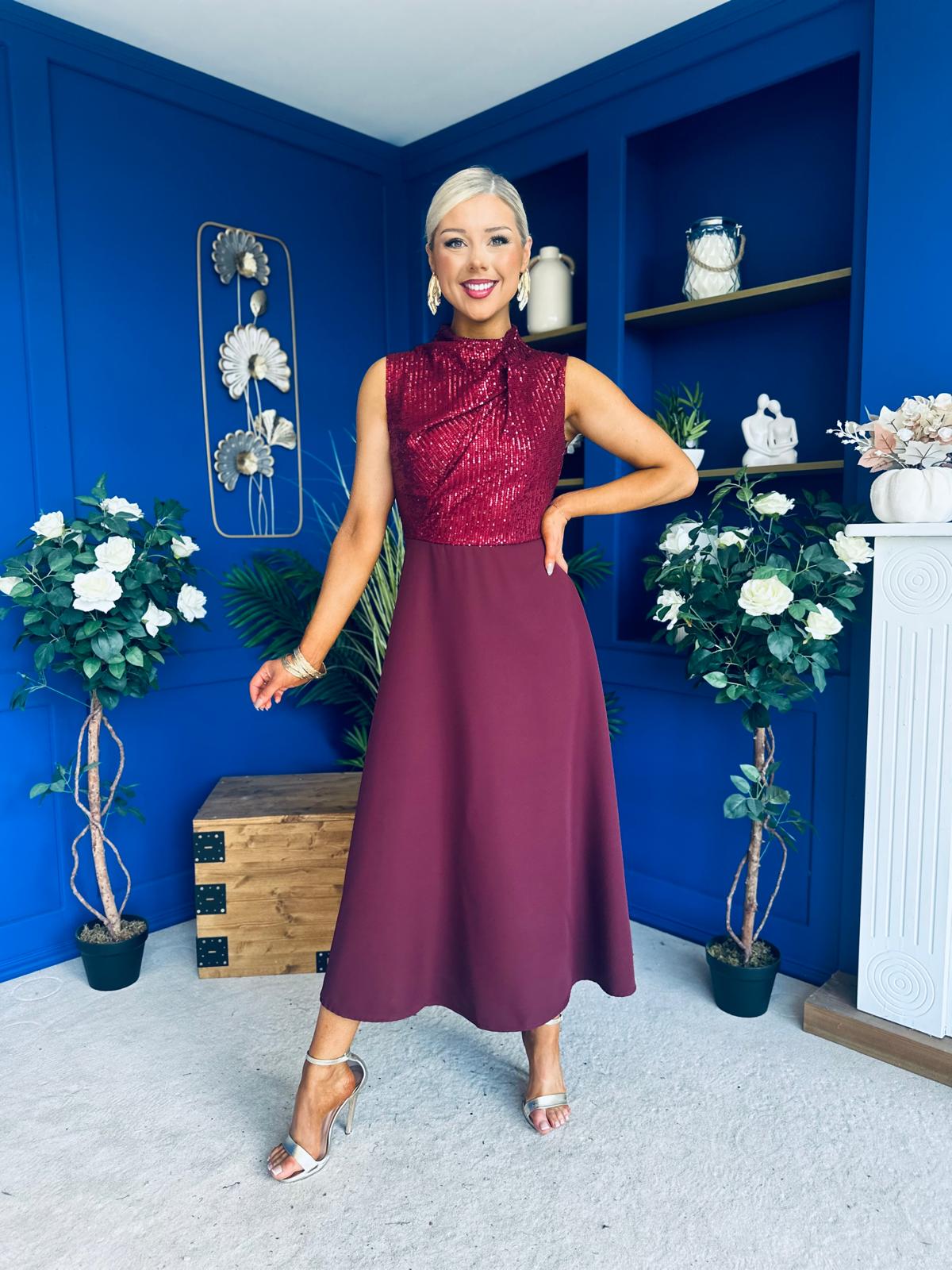 Annabel Sequin Occasion Midi Dress Wine