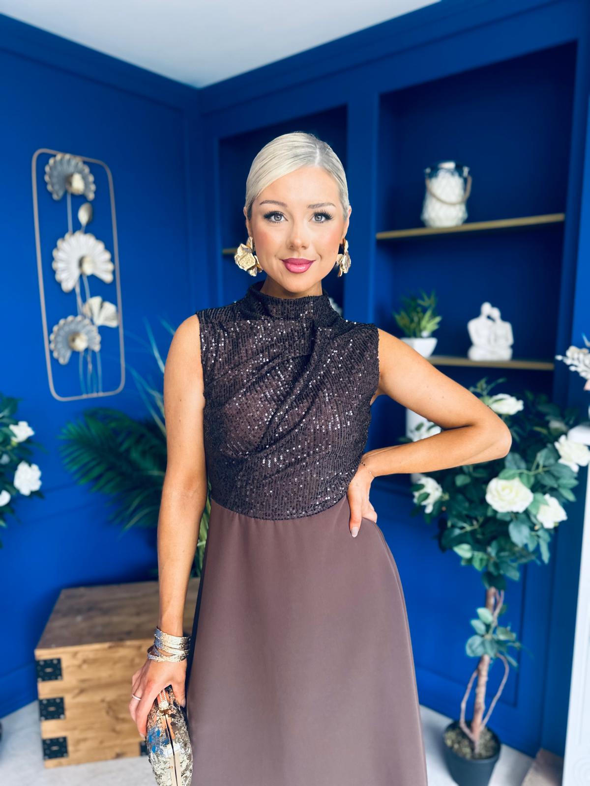 Annabel Sequin Occasion Midi Dress Chocolate