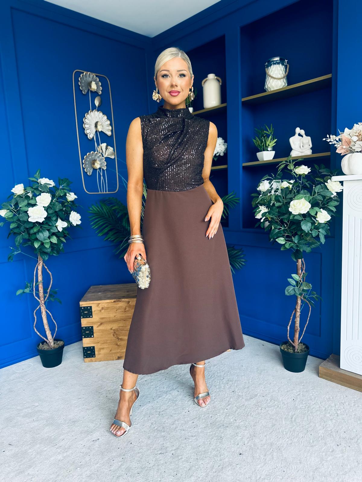 Annabel Sequin Occasion Midi Dress Chocolate