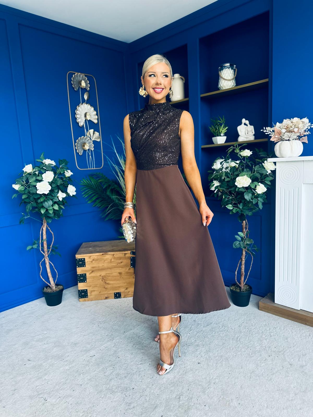 Annabel Sequin Occasion Midi Dress Chocolate