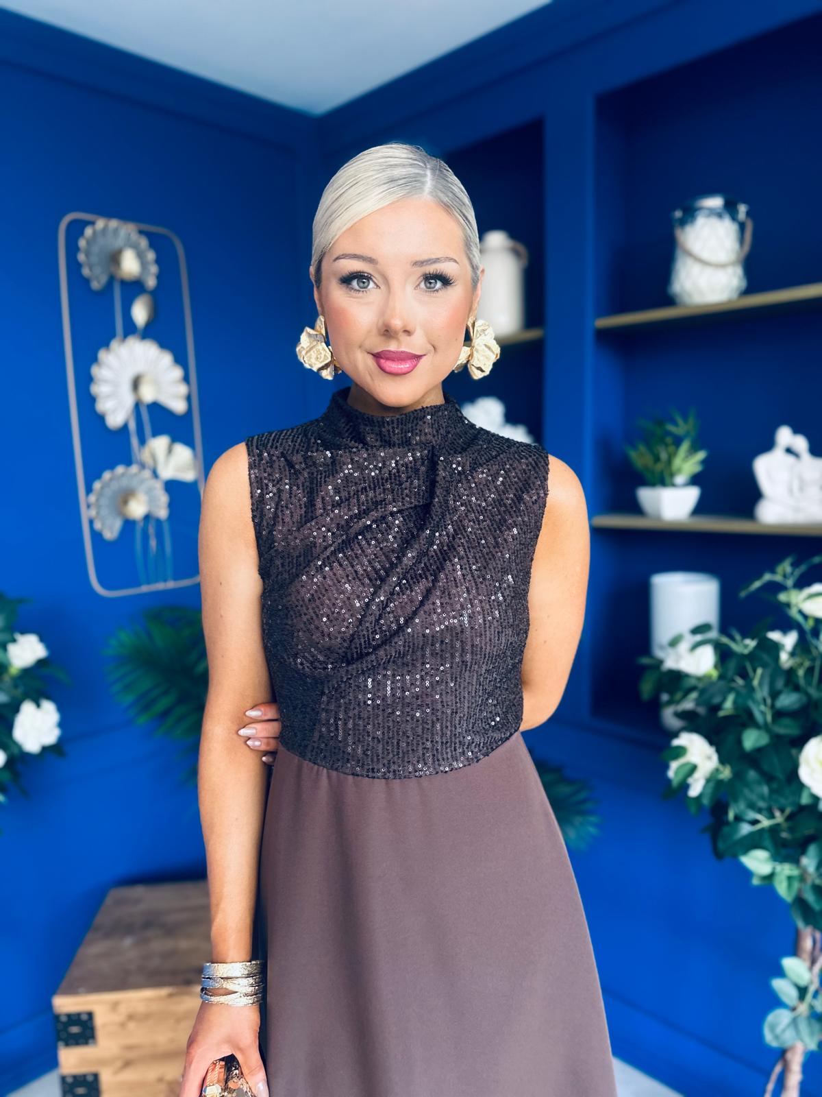 Annabel Sequin Occasion Midi Dress Chocolate