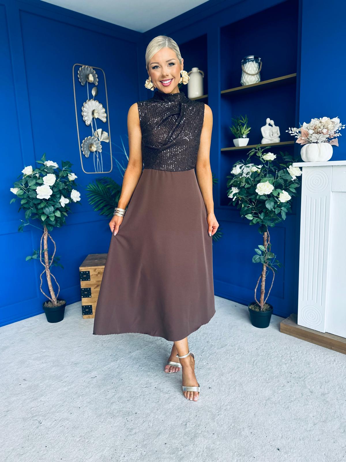 Annabel Sequin Occasion Midi Dress Chocolate