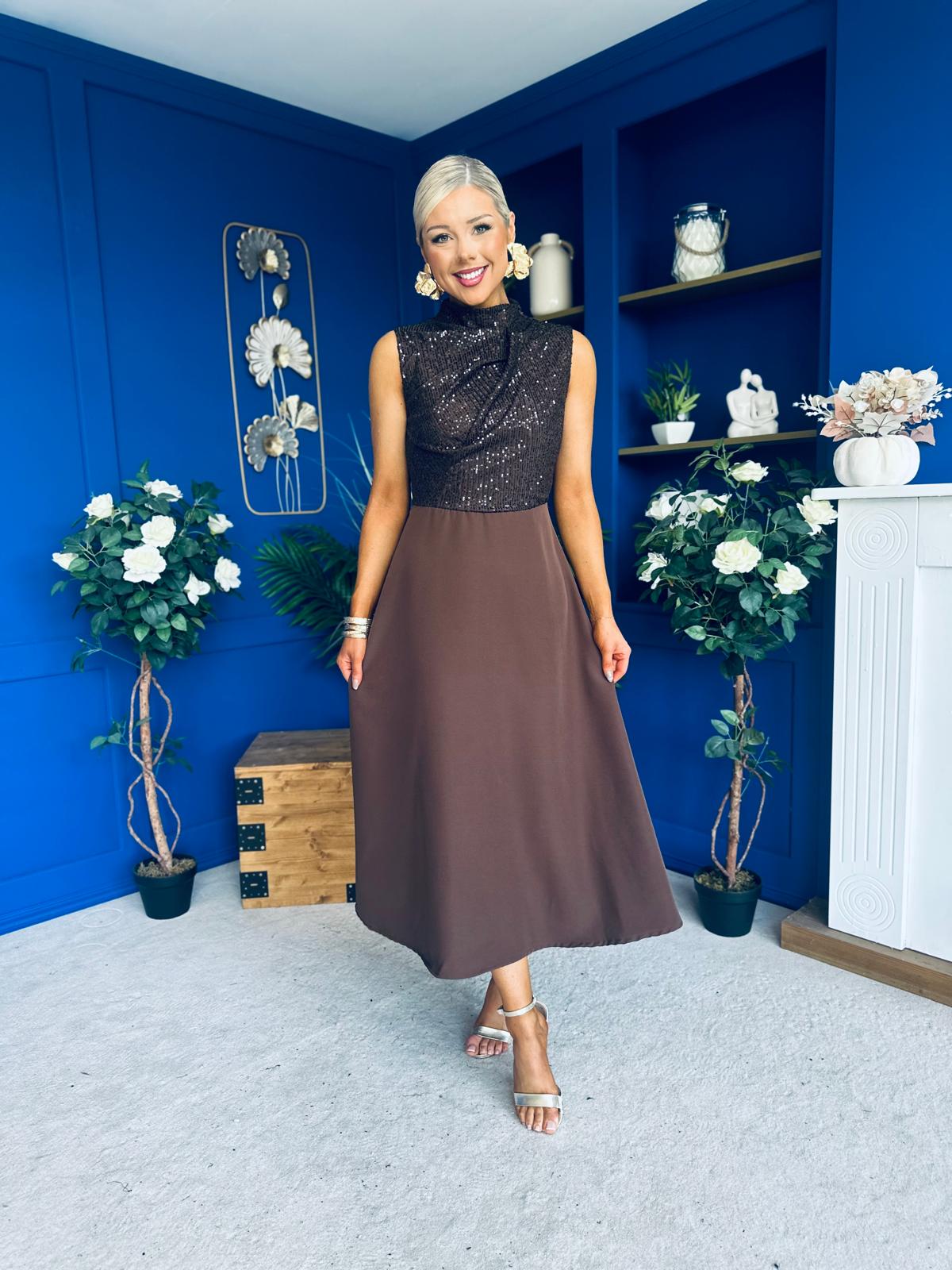 Annabel Sequin Occasion Midi Dress Chocolate