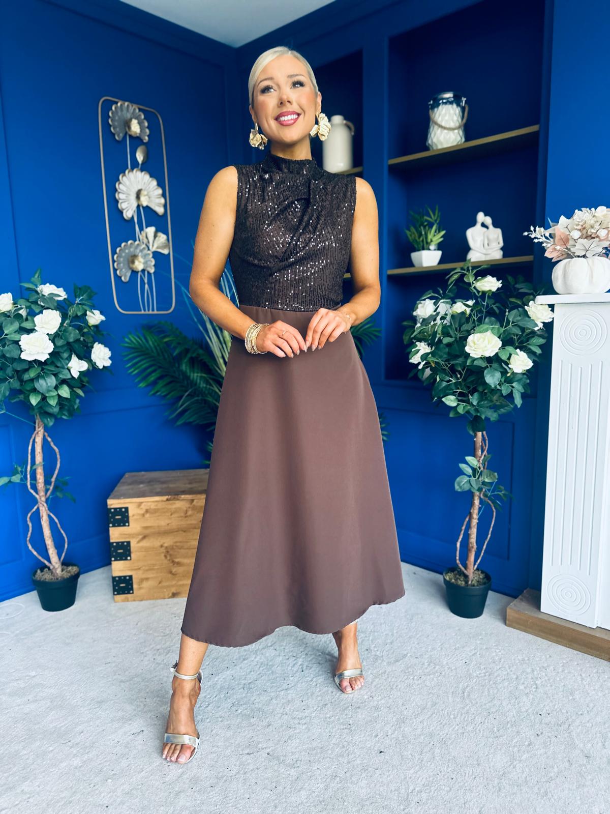 Annabel Sequin Occasion Midi Dress Chocolate