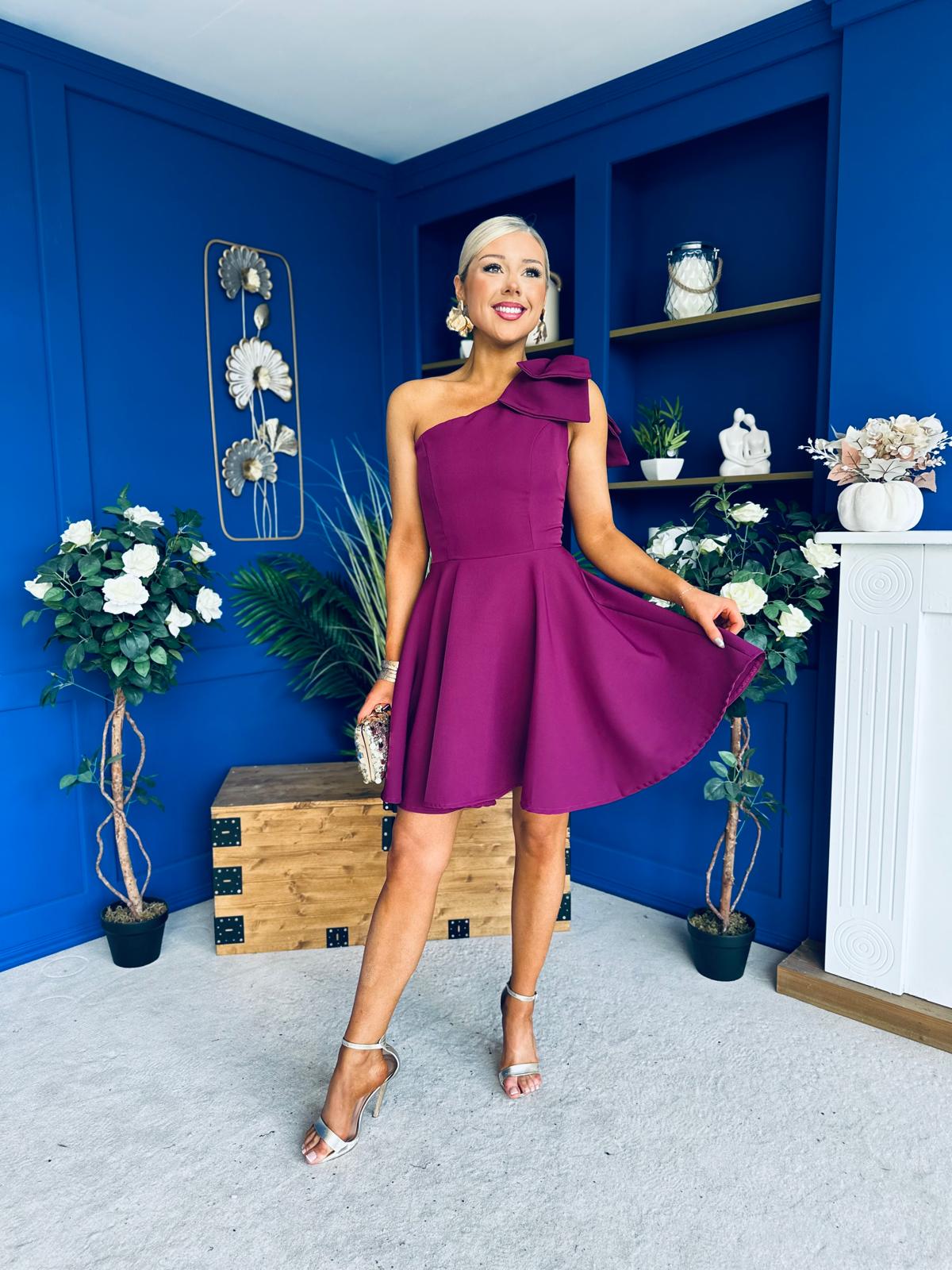 Whitney One Shoulder Bow Detail Mini Dress Berry