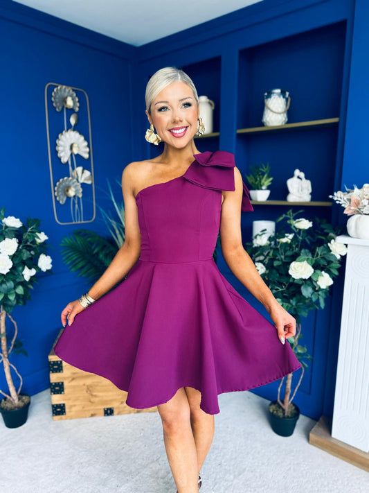 Whitney One Shoulder Bow Detail Mini Dress Berry