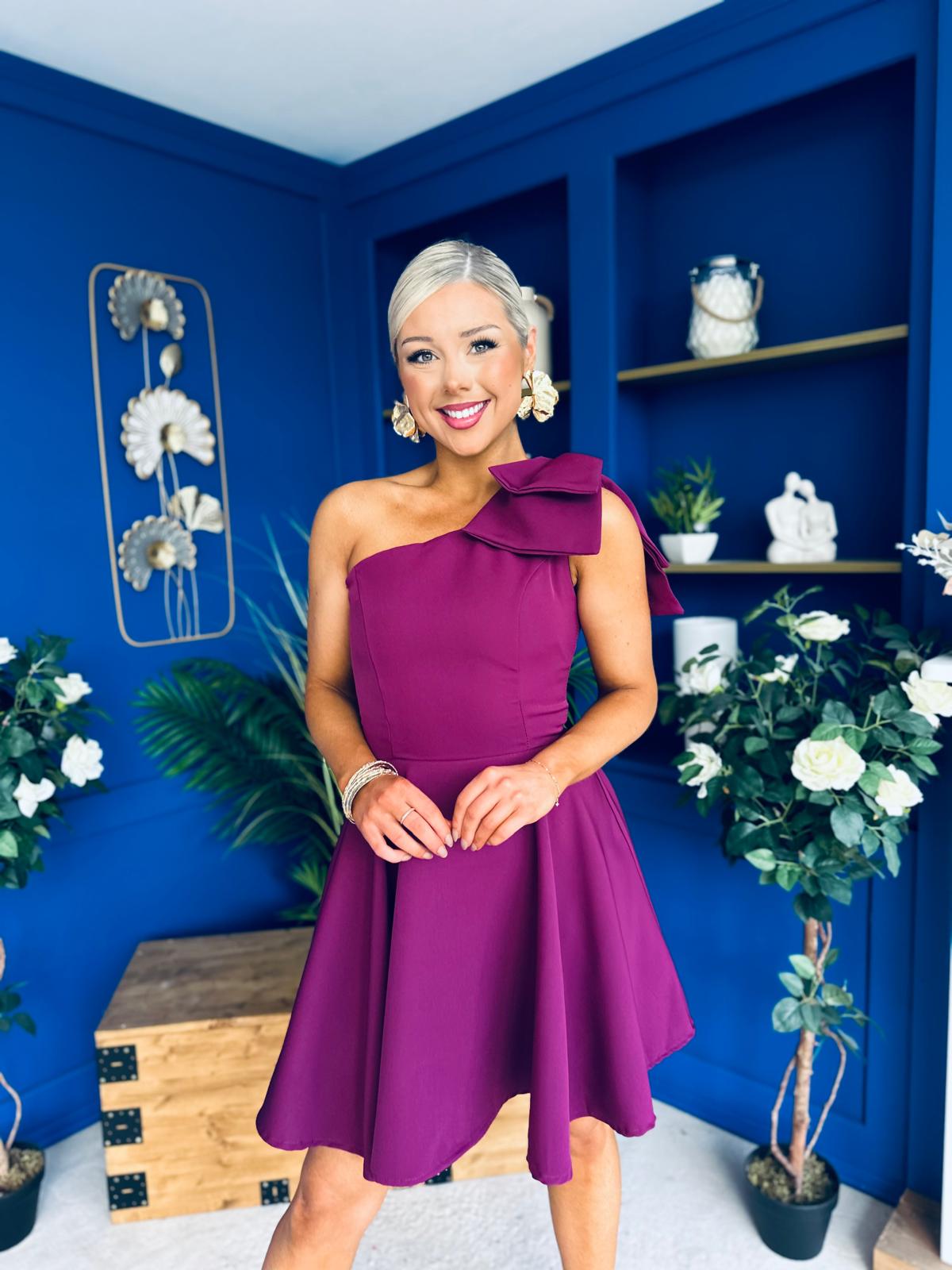 Whitney One Shoulder Bow Detail Mini Dress Berry