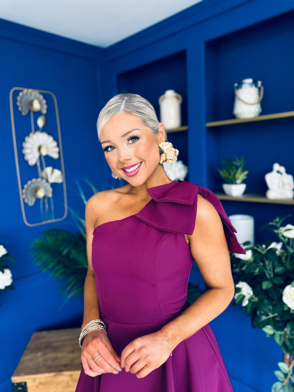 Whitney One Shoulder Bow Detail Mini Dress Berry