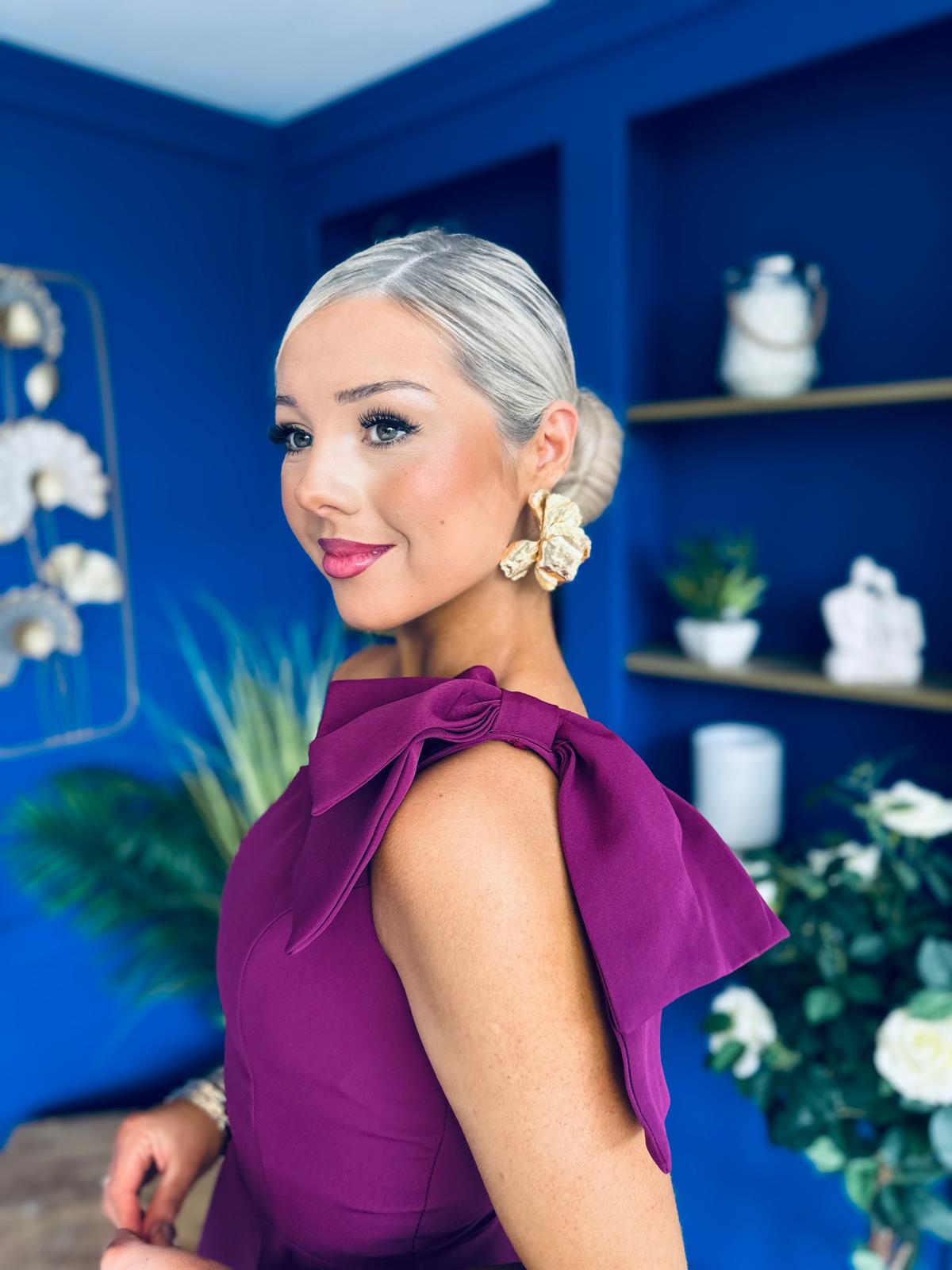 Whitney One Shoulder Bow Detail Mini Dress Berry