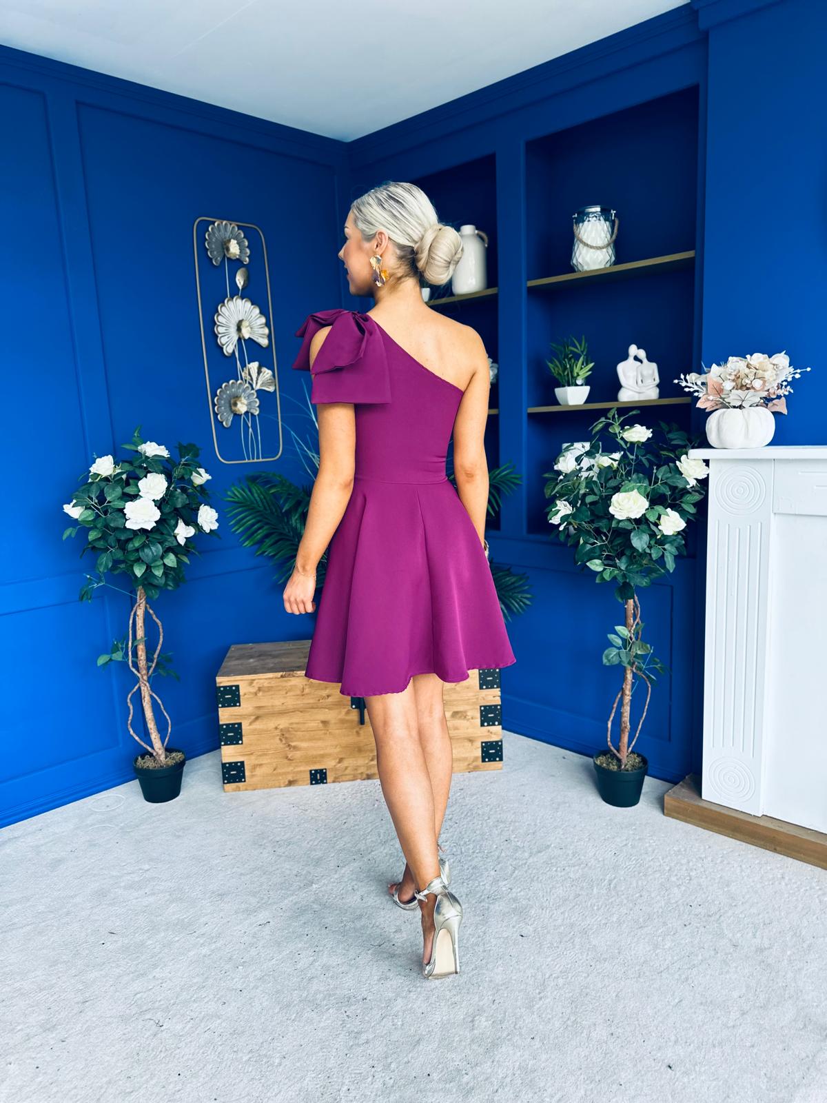 Whitney One Shoulder Bow Detail Mini Dress Berry