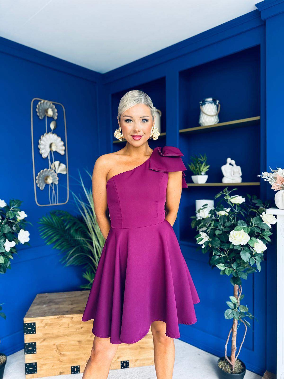 Whitney One Shoulder Bow Detail Mini Dress Berry