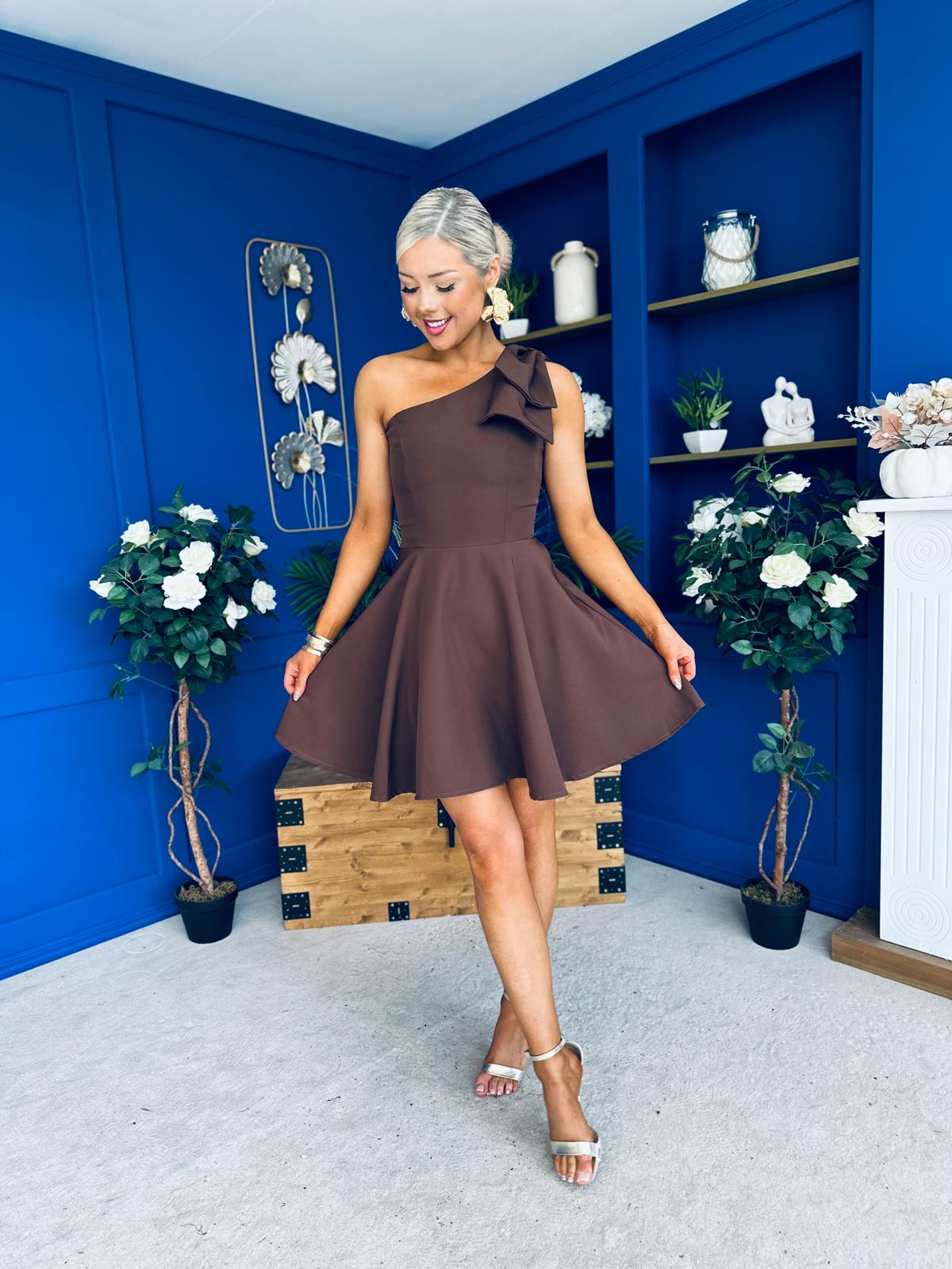 Whitney One Shoulder Bow Detail Mini Dress Chocolate