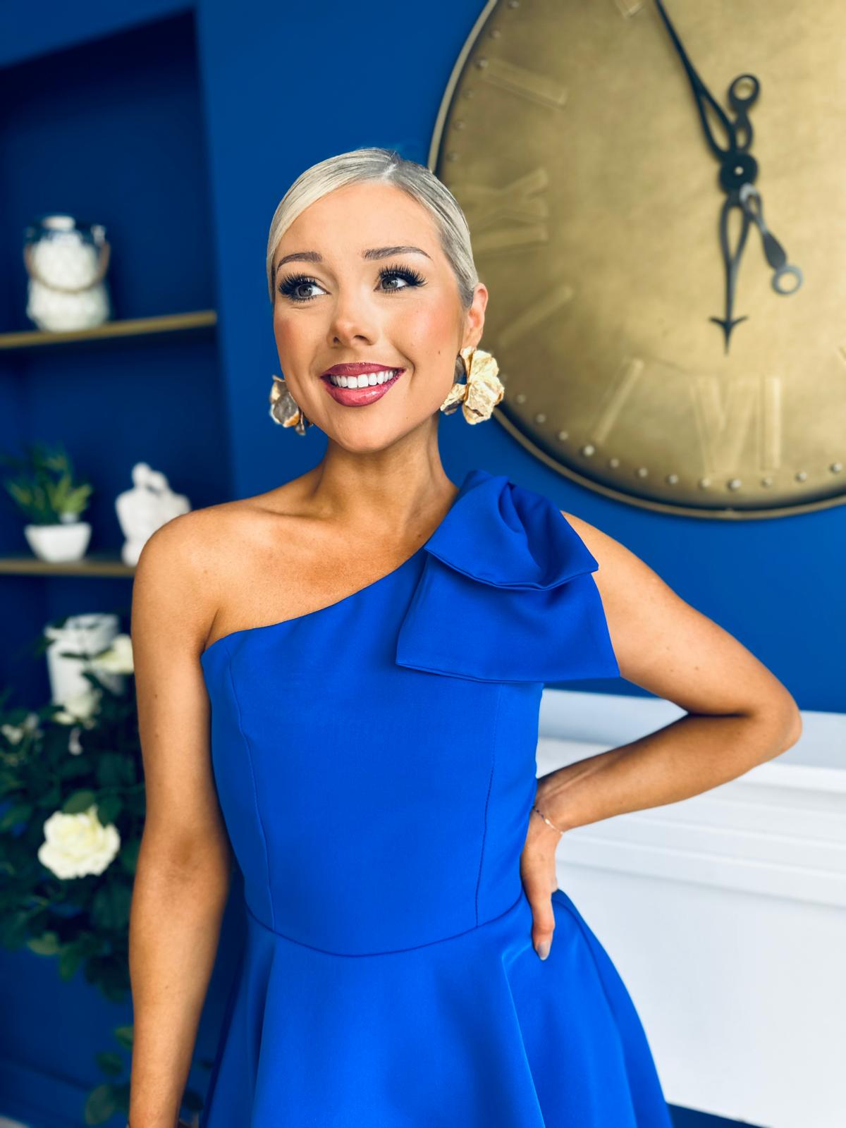 Whitney One Shoulder Bow Detail Mini Dress Cobalt