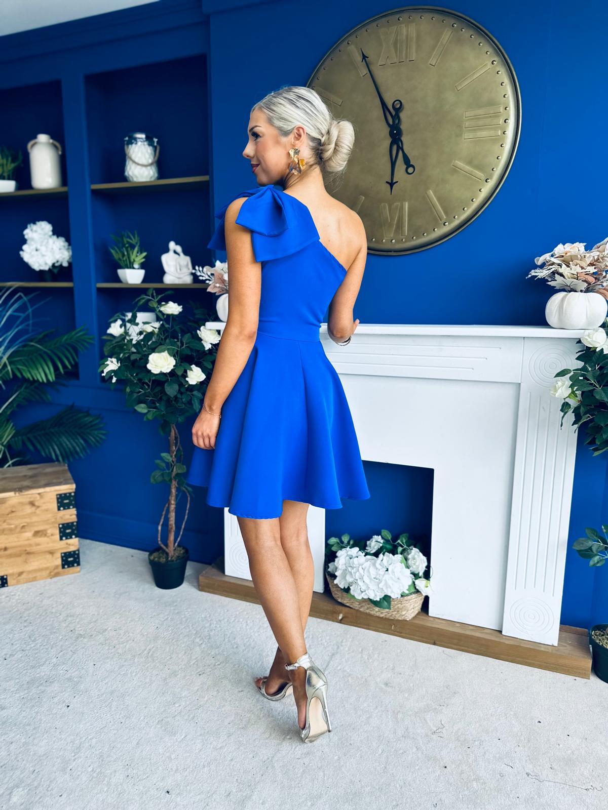 Whitney One Shoulder Bow Detail Mini Dress Cobalt