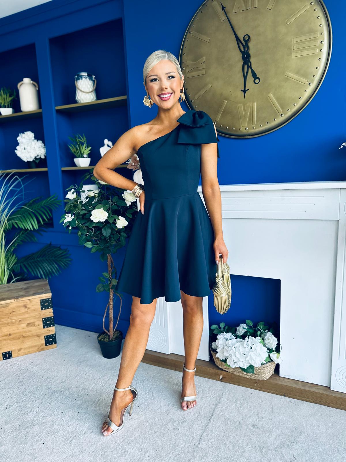 Whitney One Shoulder Bow Detail Mini Dress Navy