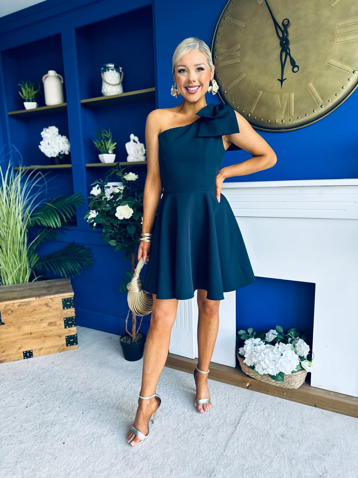 Whitney One Shoulder Bow Detail Mini Dress Navy