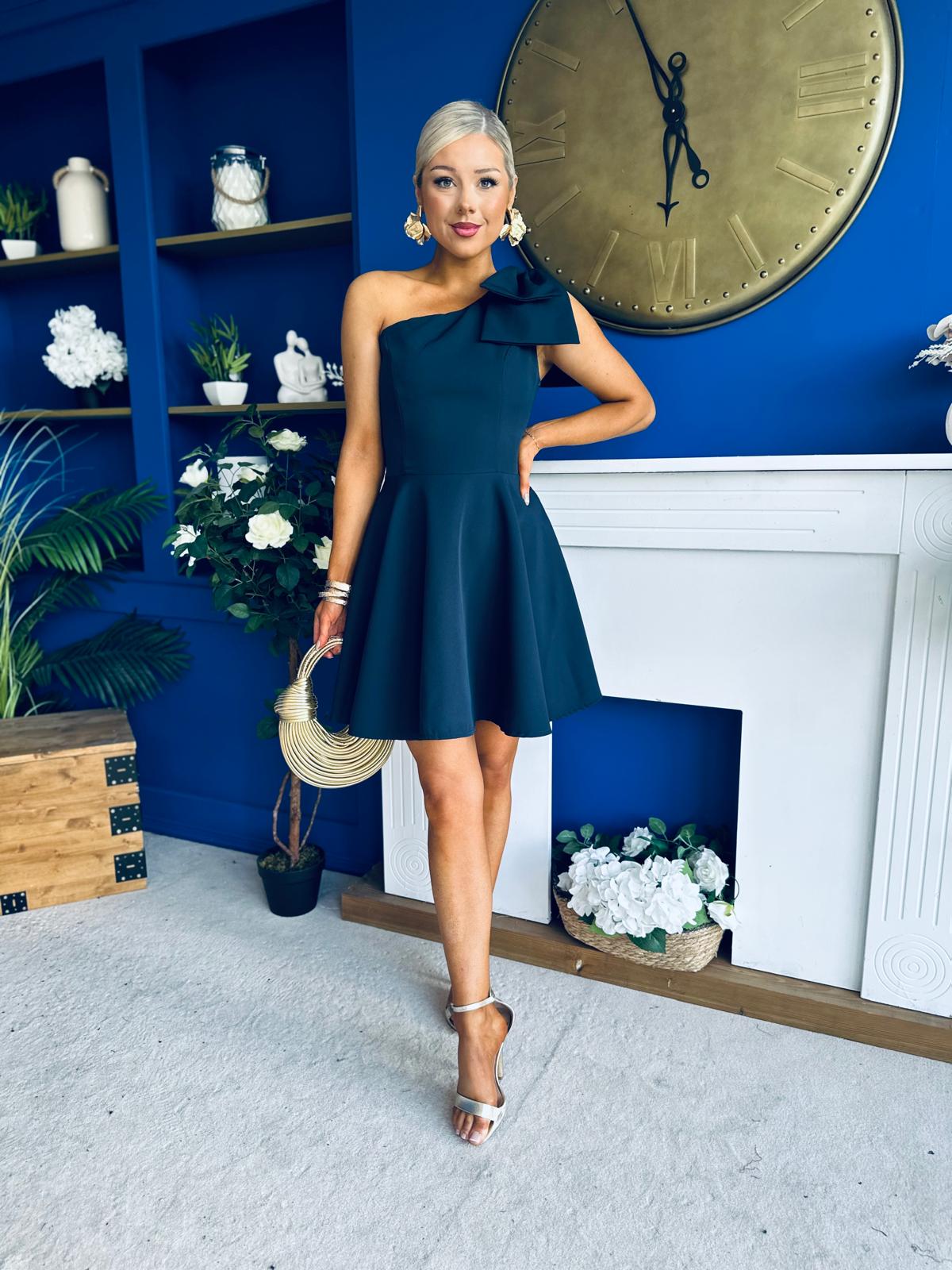 Whitney One Shoulder Bow Detail Mini Dress Navy