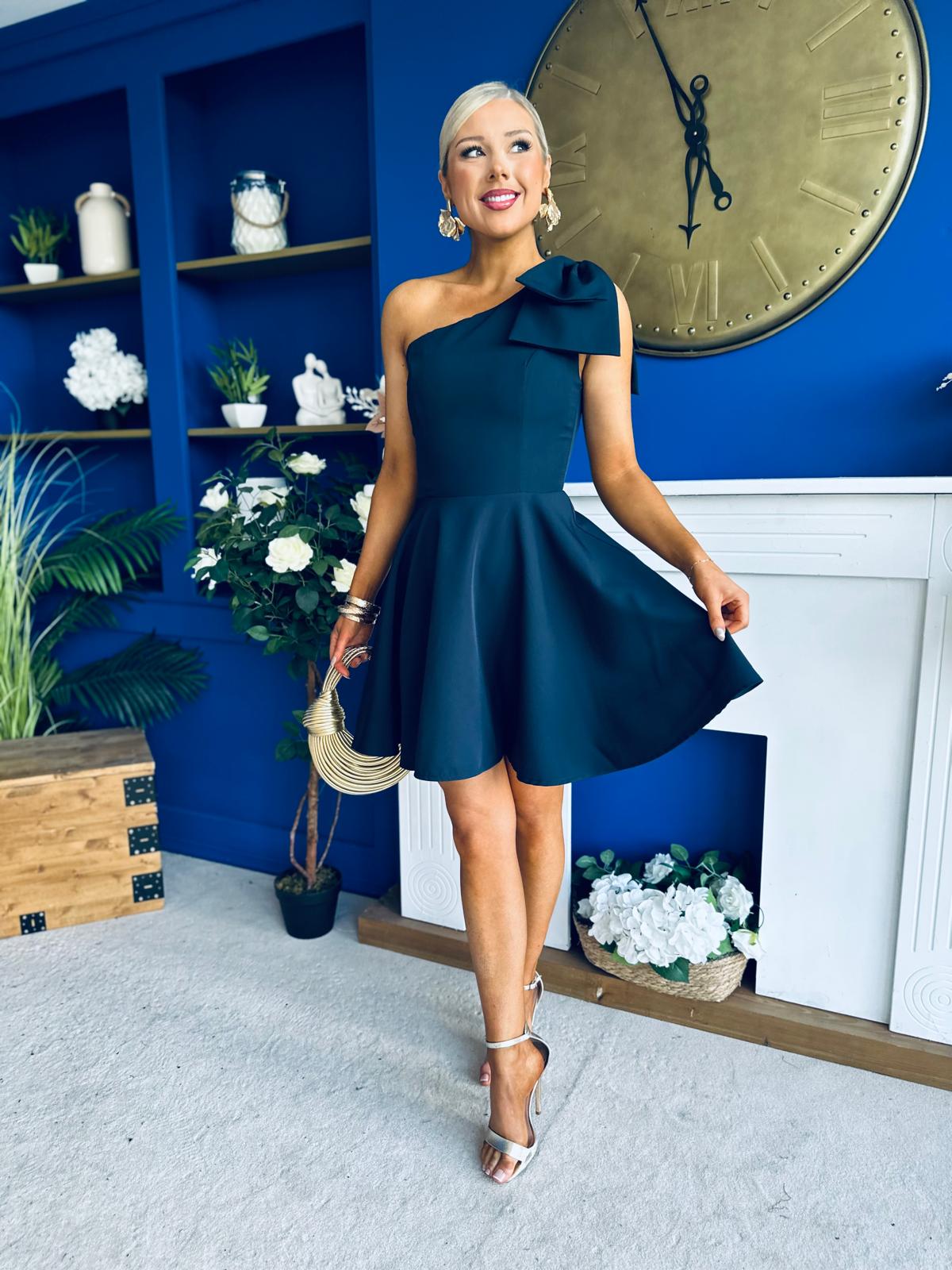 Whitney One Shoulder Bow Detail Mini Dress Navy