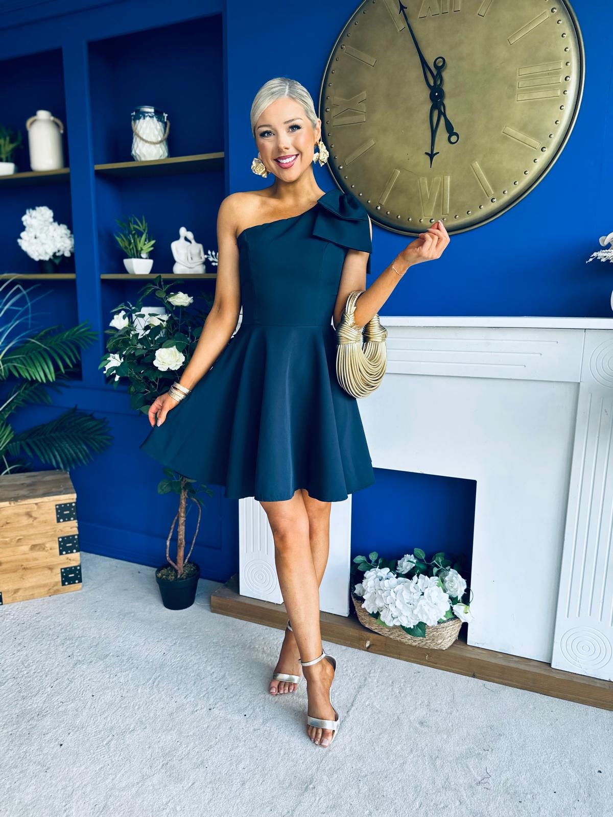 Whitney One Shoulder Bow Detail Mini Dress Navy