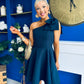 Whitney One Shoulder Bow Detail Mini Dress Navy