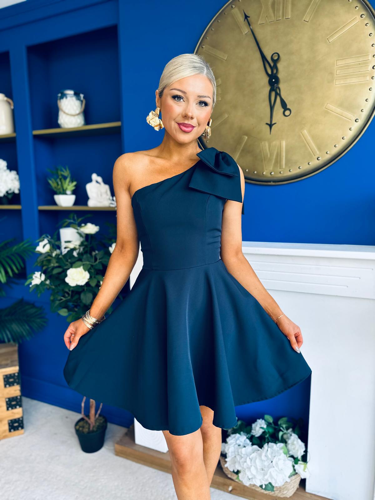 Whitney One Shoulder Bow Detail Mini Dress Navy