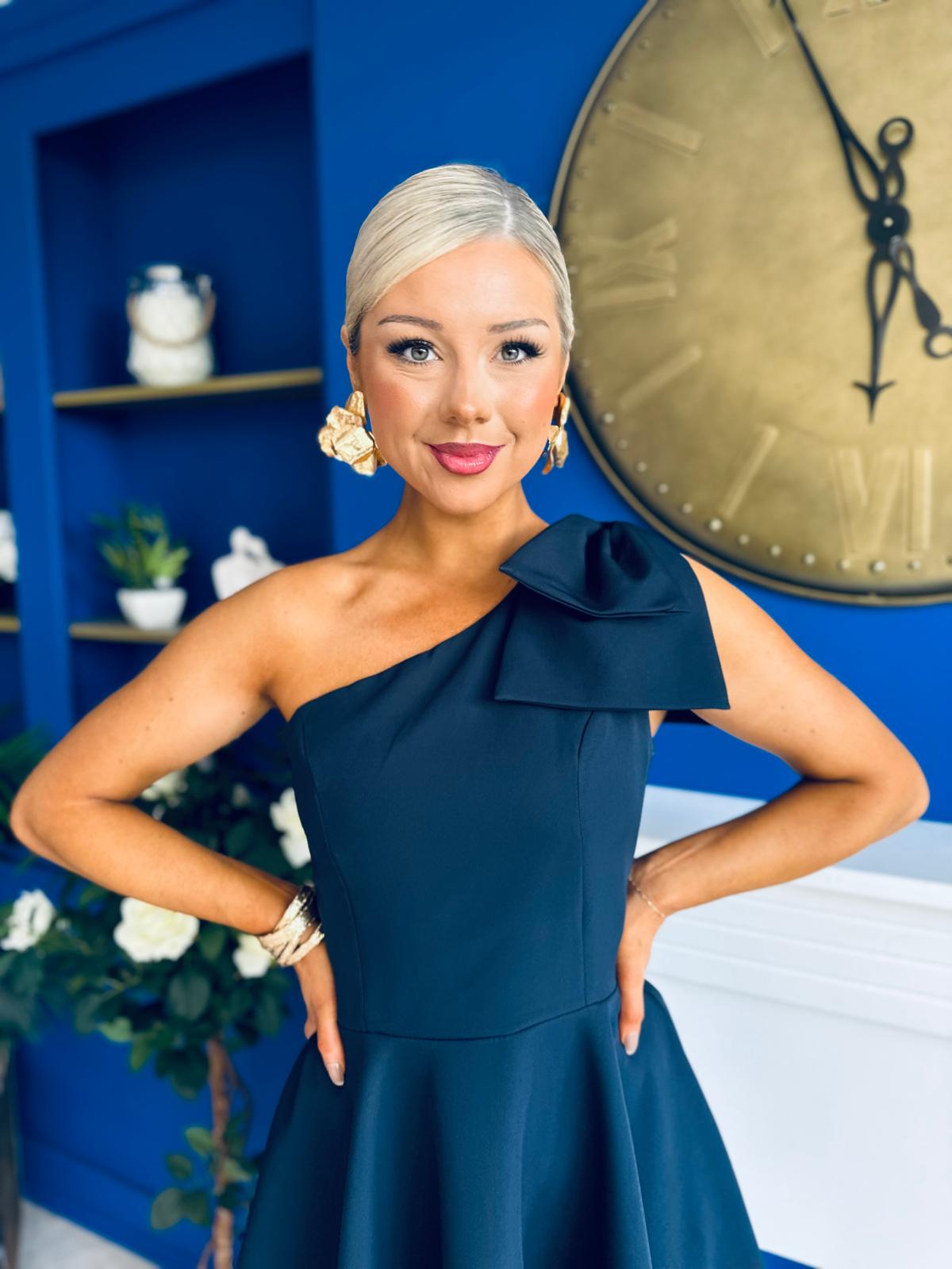 Whitney One Shoulder Bow Detail Mini Dress Navy