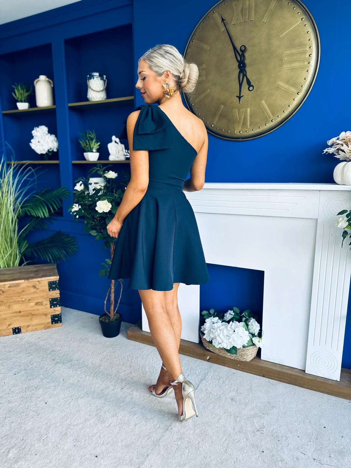 Whitney One Shoulder Bow Detail Mini Dress Navy