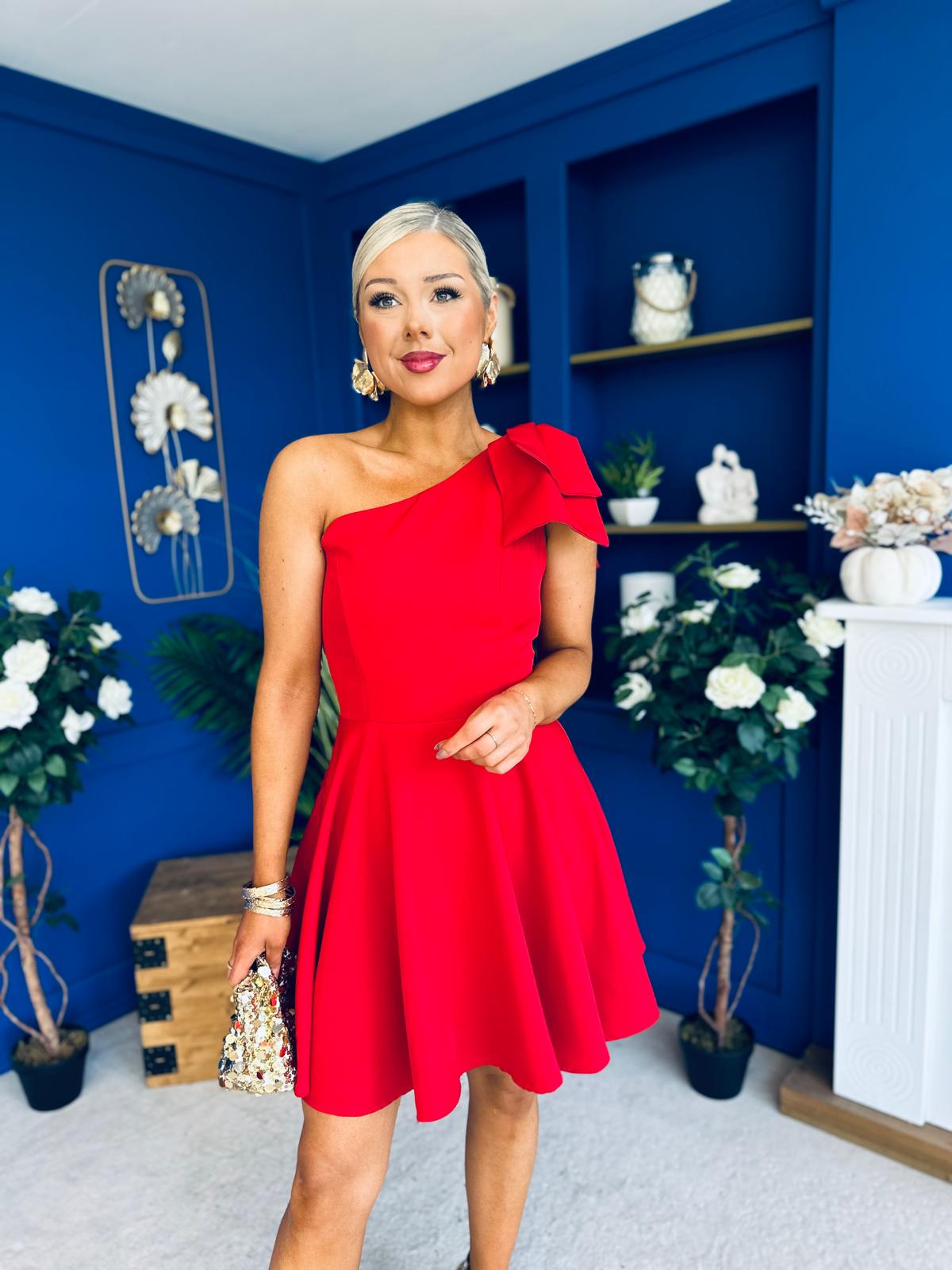 Whitney One Shoulder Bow Detail Mini Dress Red