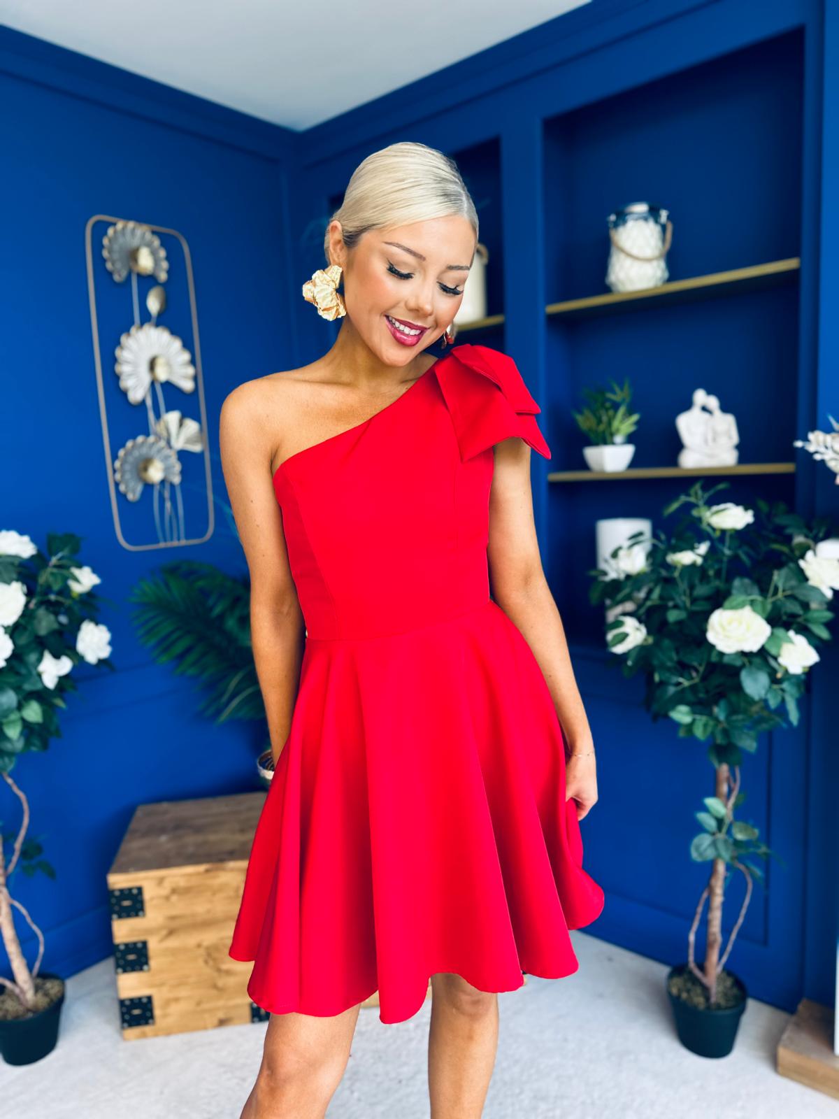 Whitney One Shoulder Bow Detail Mini Dress Red