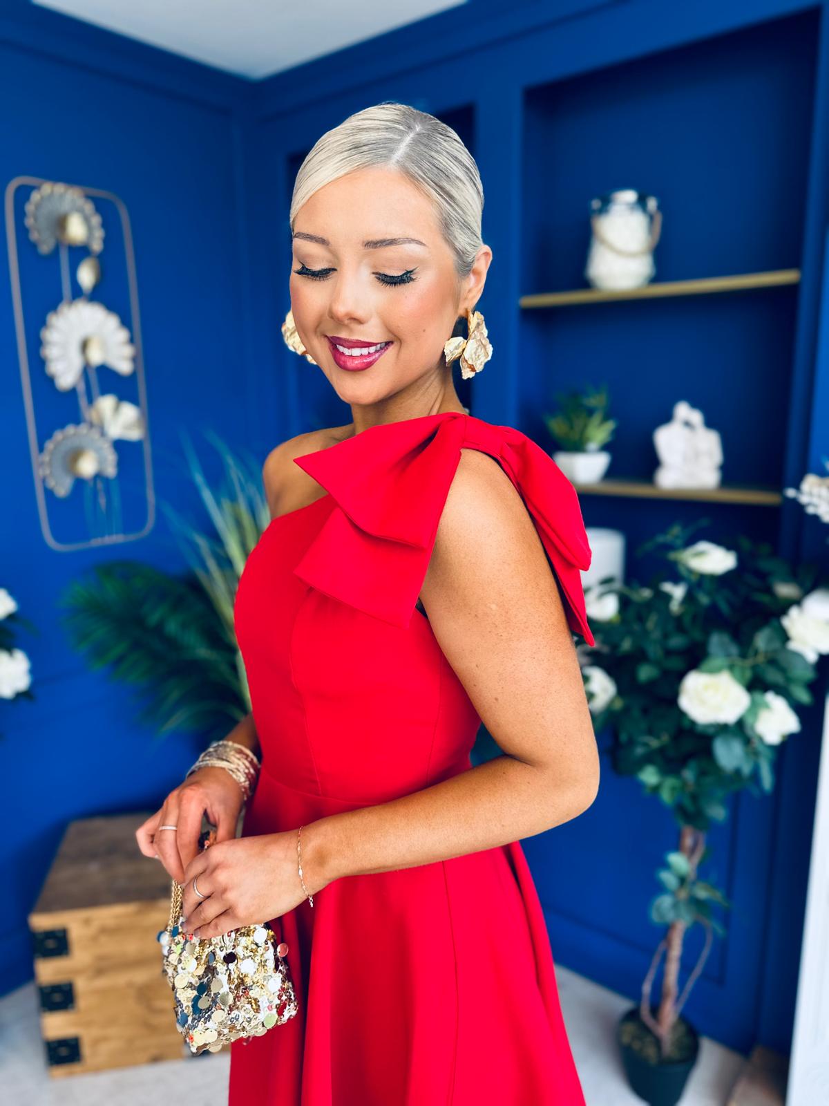 Whitney One Shoulder Bow Detail Mini Dress Red