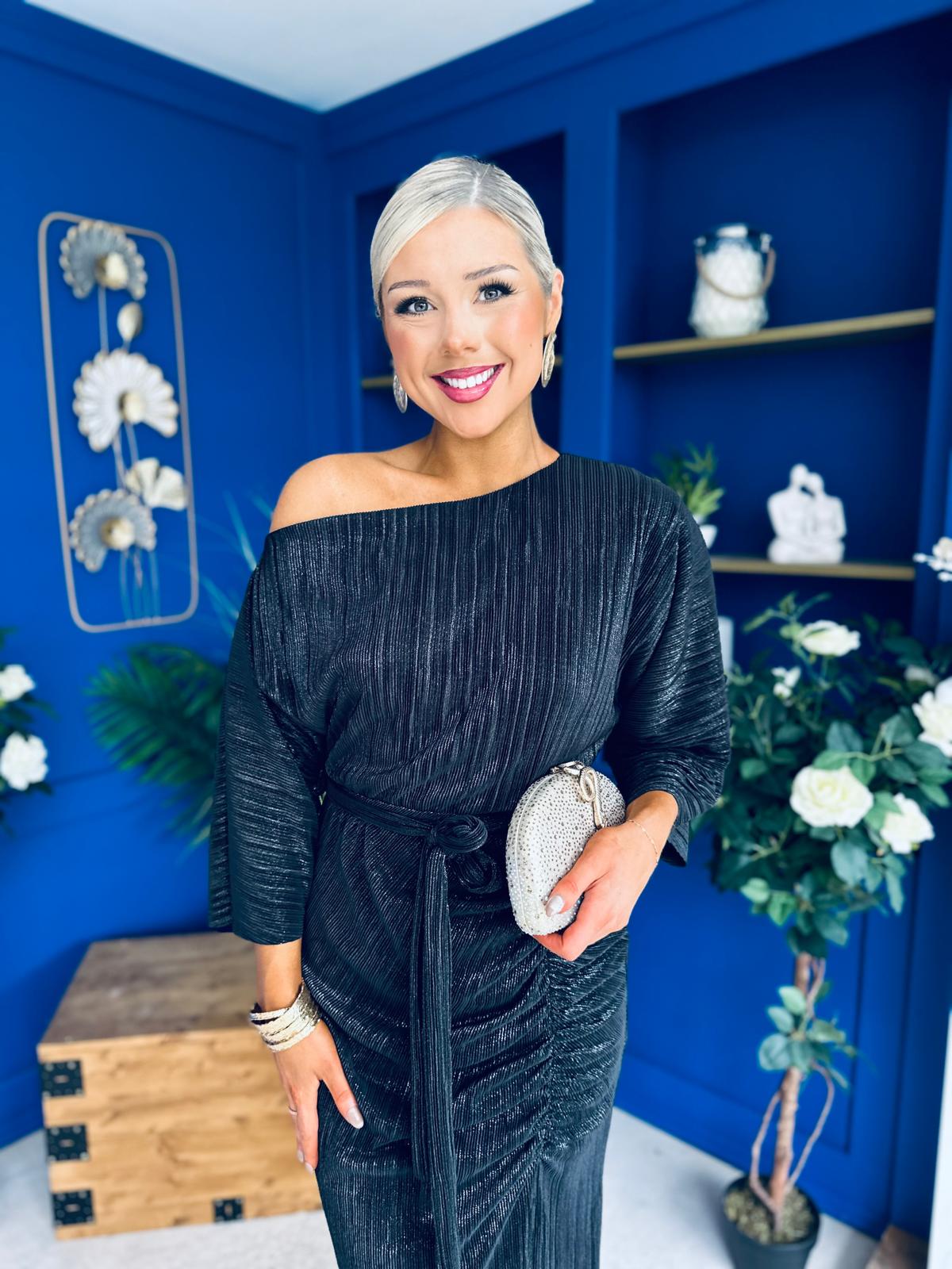 Vendy Off The Shoulder Ruched Detail Midi Dress Black Metallic