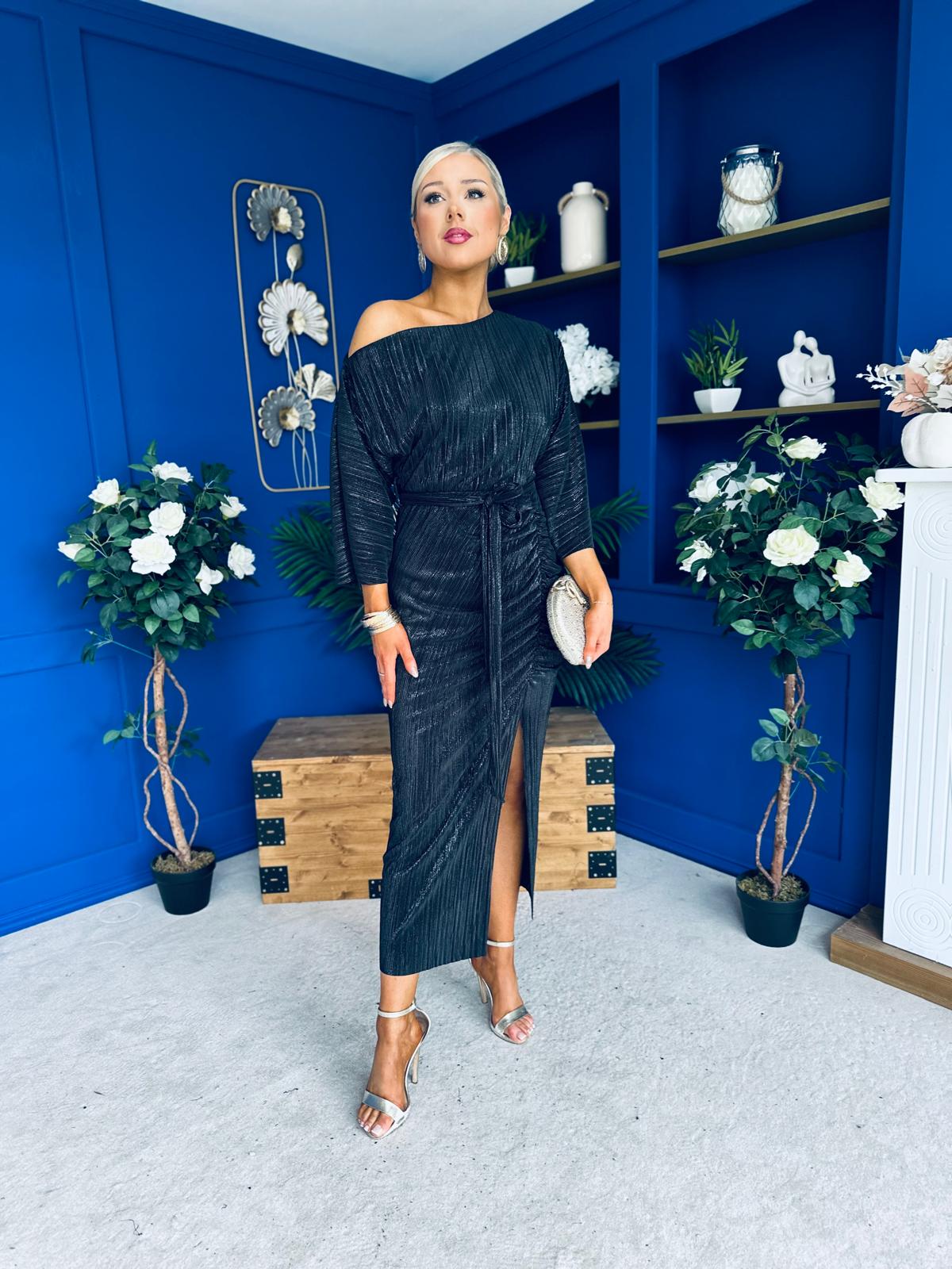 Vendy Off The Shoulder Ruched Detail Midi Dress Black Metallic